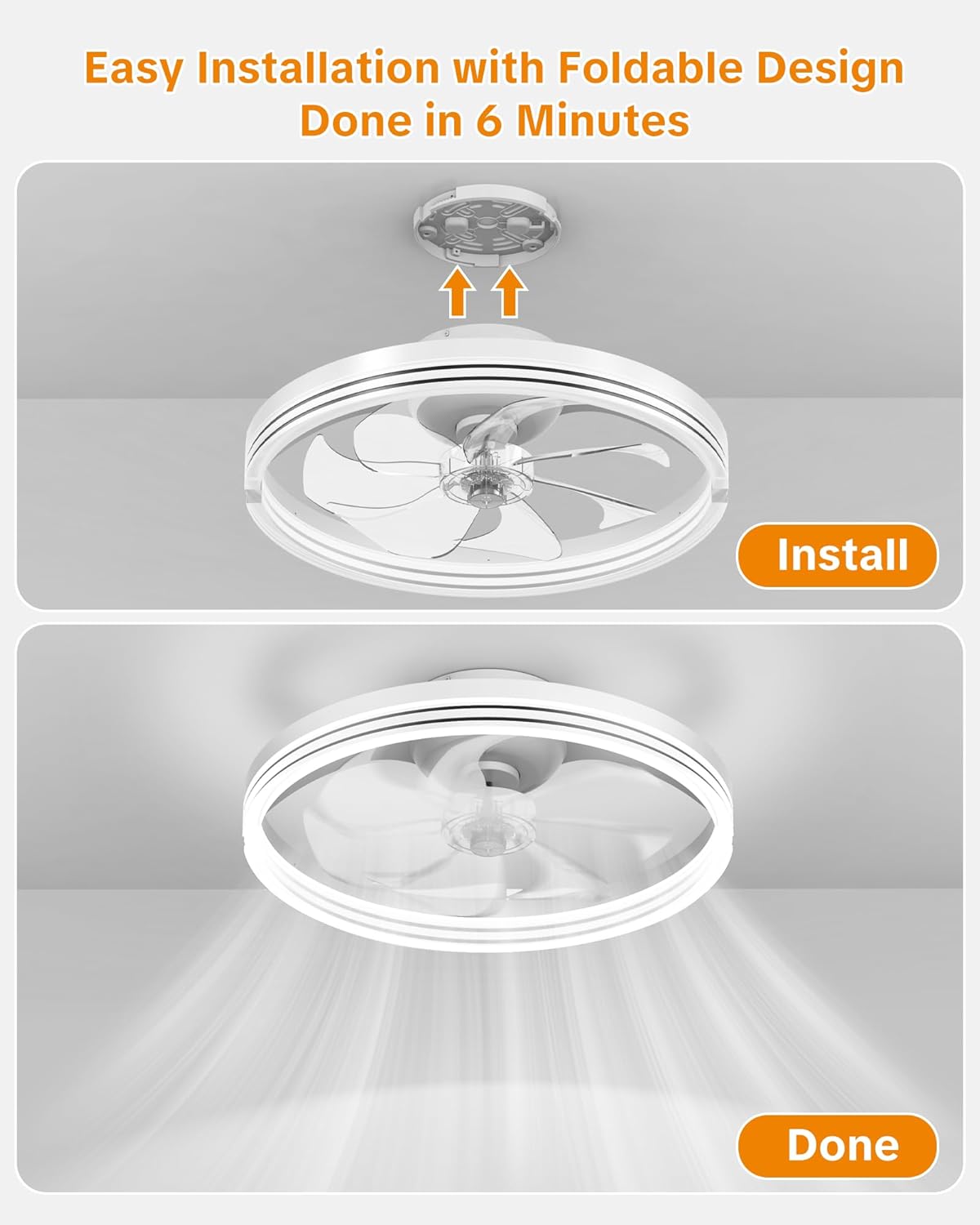 Ceiling Fans with Lights and Remote Low Profile Flush Mount LED Ceiling Fan with Lights 3000K-6500K Dimmable Foldable Fandelier Light 6 Wind Speeds Night Light for Bedroom Living Room White