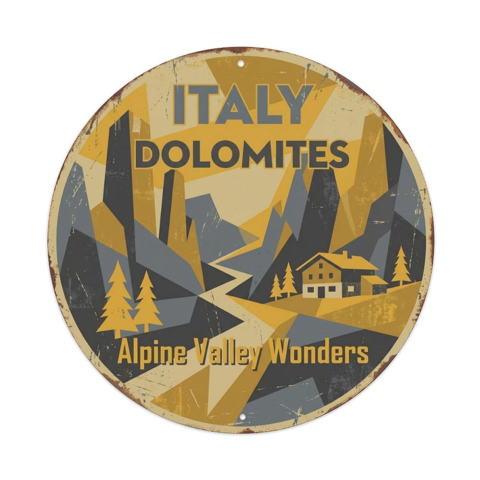 Vintage Travel Italy Dolomites Autumn Valley Metal Tin Sign Plaque Wall Decor for Cafe, Club Bar, Office, Home Garden Round Metal Poster 8x8Inch