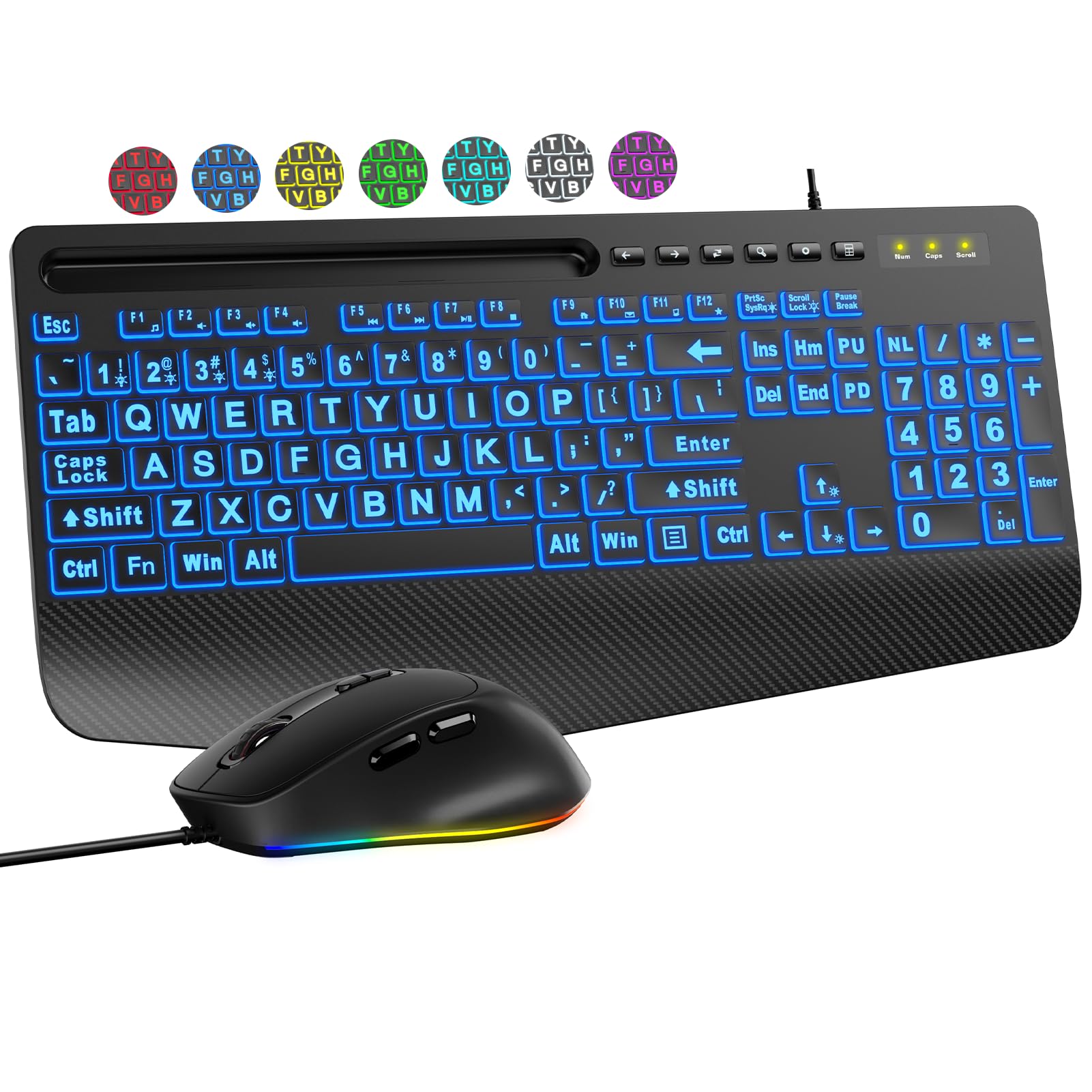 SABLUTE KM21Pro - Tastiera cablata e mouse, tasti retroilluminati con stampa 4 volte più grande, poggiapolsi, design ergonomico, Plug & Play USB per PC portatili Windows, ideale per anziani, studenti