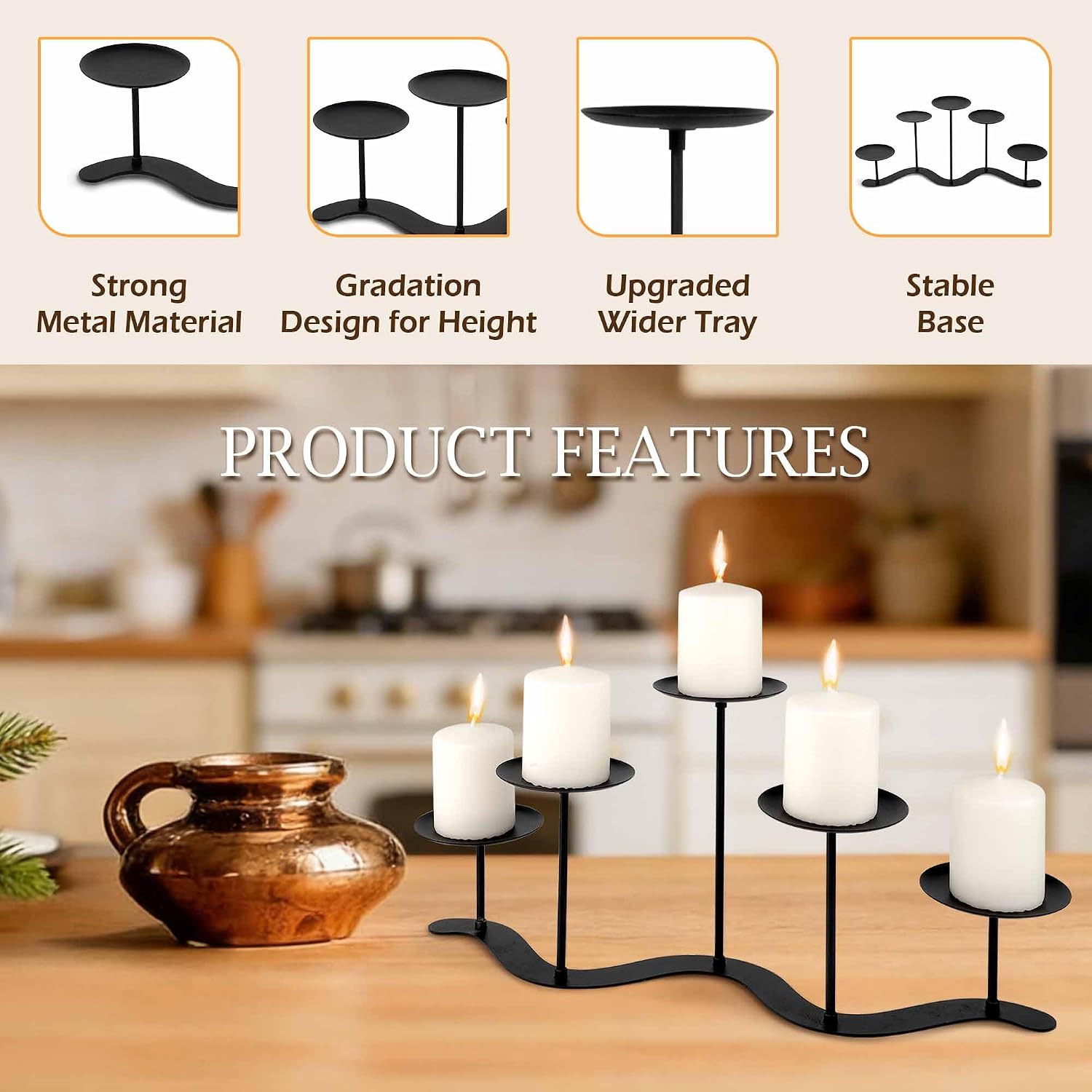 5-Arm Iron Candelabra Candle Holder - 17 Inch Waved for Pillar Candles image 4