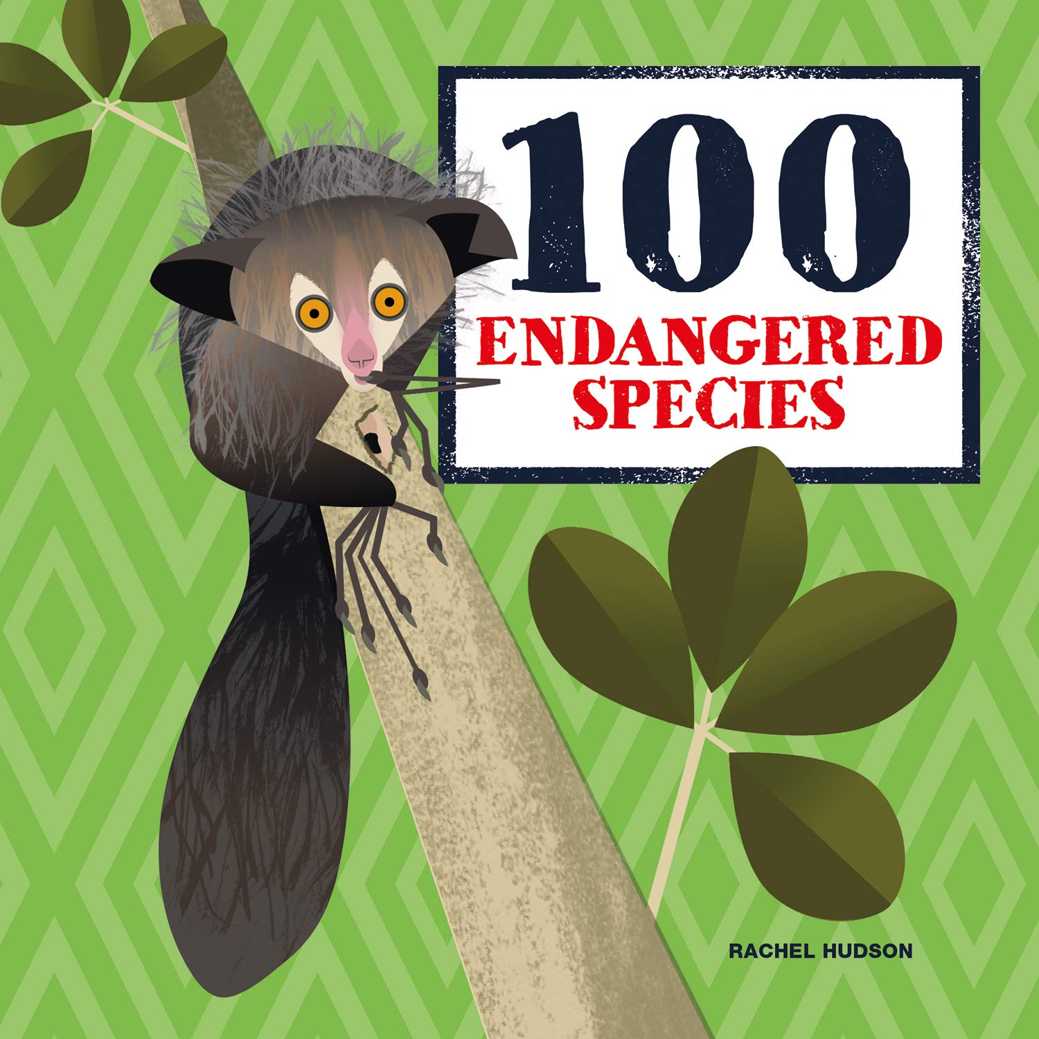 Book cover of 100 Endangered Species by Rachel Hudson, featuring a brown lemur with wide eyes and long fingers called an aye-aye perched on a branch and staring at the viewer.