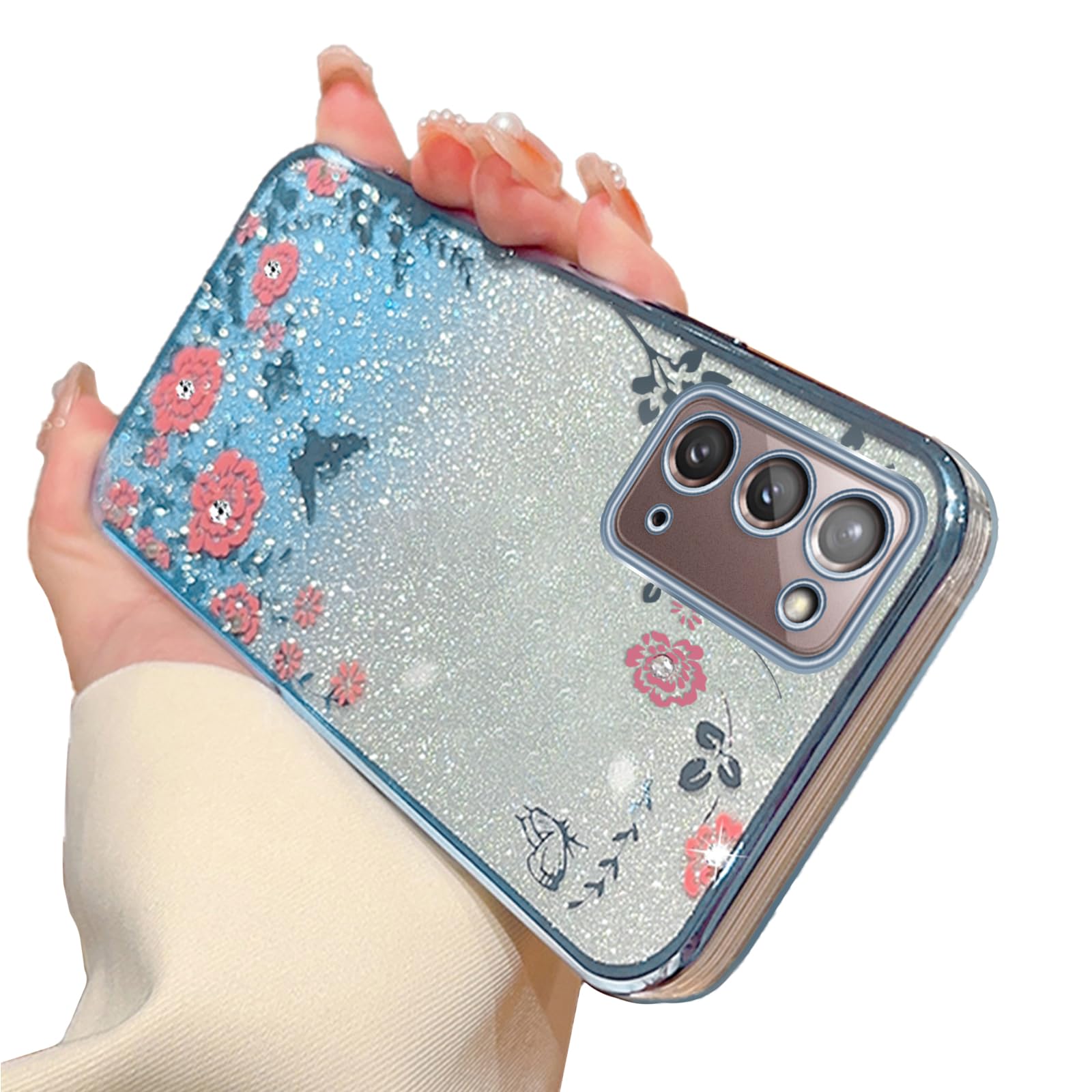 for Note 20 Case,Galaxy Note 20 Case for Women Gradual Change Glitter Crystal Soft TPU Stylish Butterfly Floral Heart Clear Protective Cover with Strap for Samsung Note 20 (Blue)