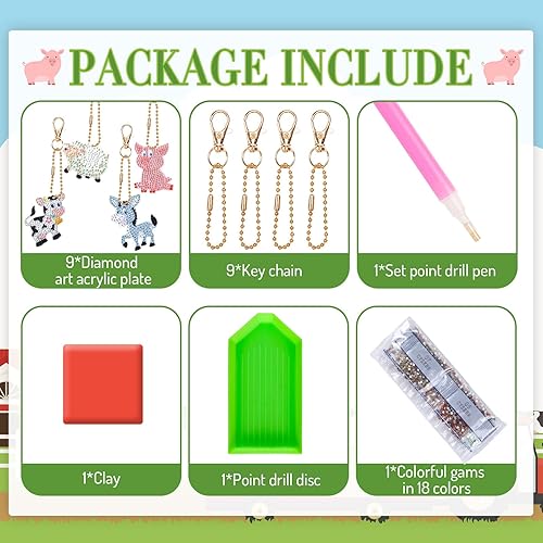 Miniatura 3 de Whaline Kit de 9 llaveros de pintura de diamante de animales de granja, pollo, vaca, cerdo, conejo, accesorios de pintura de diamante, llavero 5D,