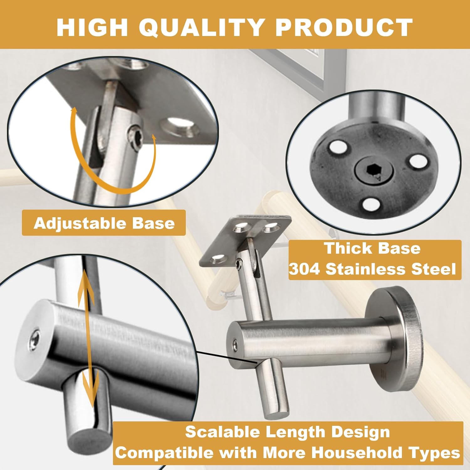 Stainless Steel 316 Grade Glass Mounted Handrail Bracket for Round Tubing or Square Tubing, Wall Mounted Handrail Support Stair Accessories Handrail Hardware,Curved Bottom,6 Pack