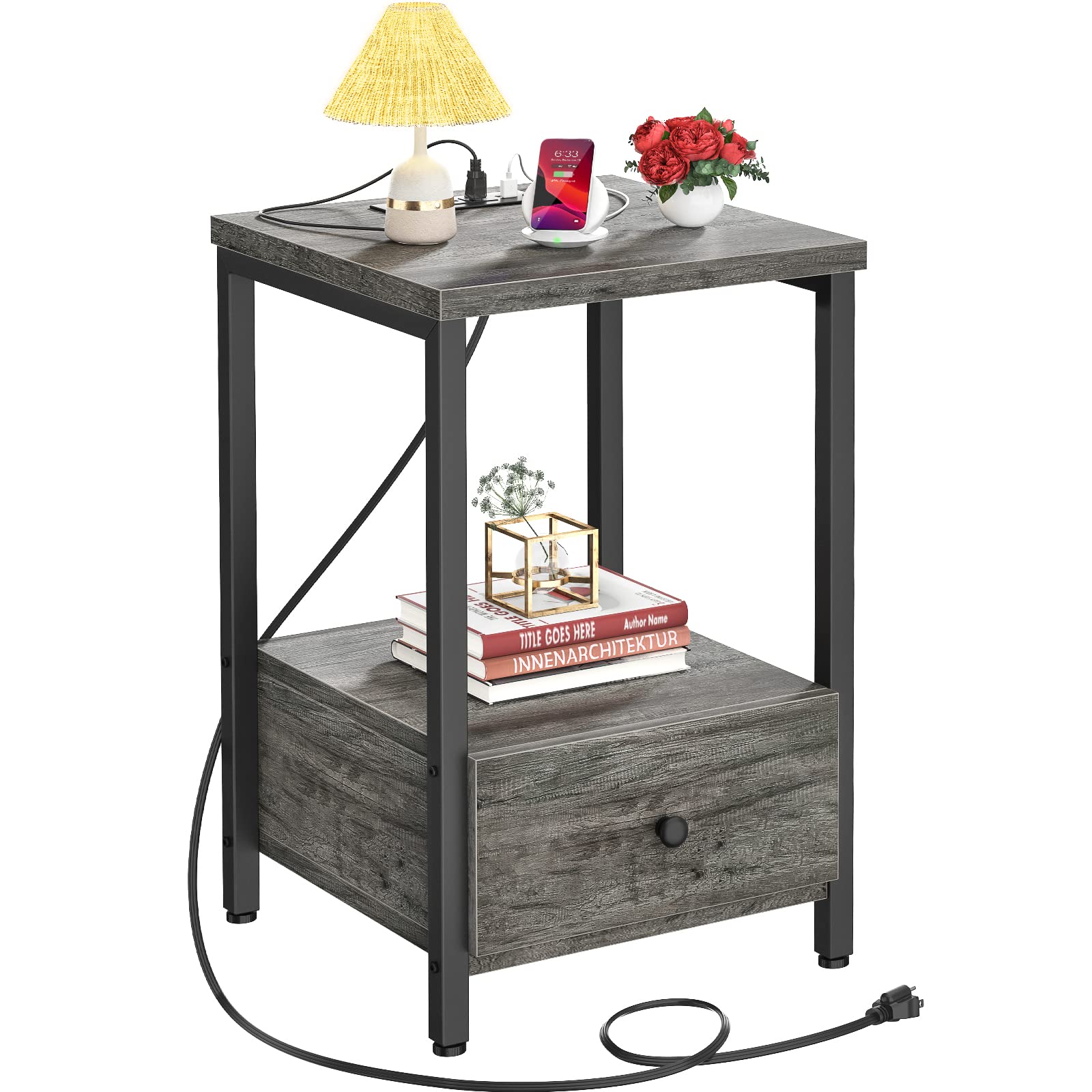 Ecoprsio Nightstands with Charging Station, Modern Night Stand Bedside Table with Storage Drawer and Shelf, End Side Table with USB Ports & Power Outlets for Bedroom Living Room, Grey Oak