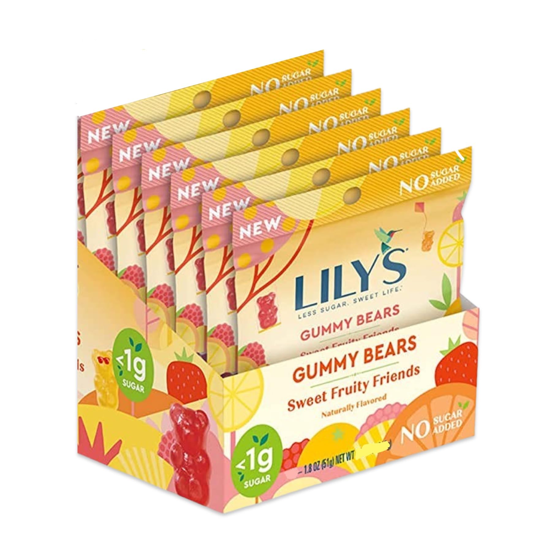 MASHBOX LILY'S Assorted Fruit Flavored No Sugar Added Gummy Bears, Gluten Free, 1.8 oz Bags (6 Count)