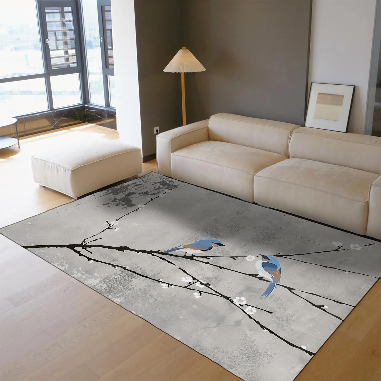 Tapis poil bas antidérapant anti-glisse 150x240cm facile à laver motif oiseau bleu oriental de salon