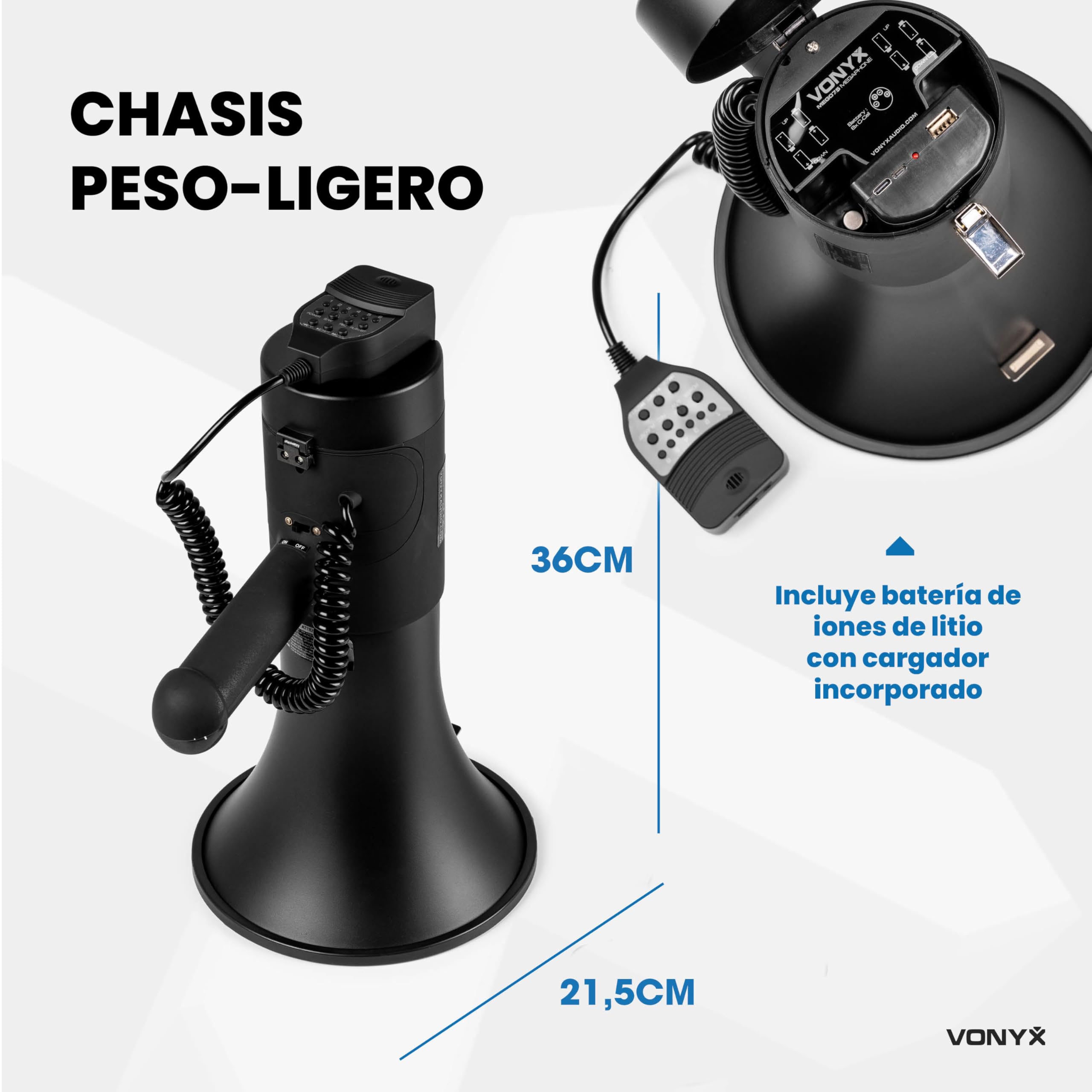 Vonyx MEG075 Megáfono Bluetooth Portátil 75W, Reproductor MP3, Batería Recargable, Negro