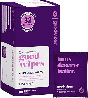 goodwipes Flushable Wipes - Individually Wrapped Butt Wipe for On-the-Go Adults - Portable Mini Wipes - Travel Essentials - Sewer & Septic Safe - Lavender, 32 Count (1 Pack)