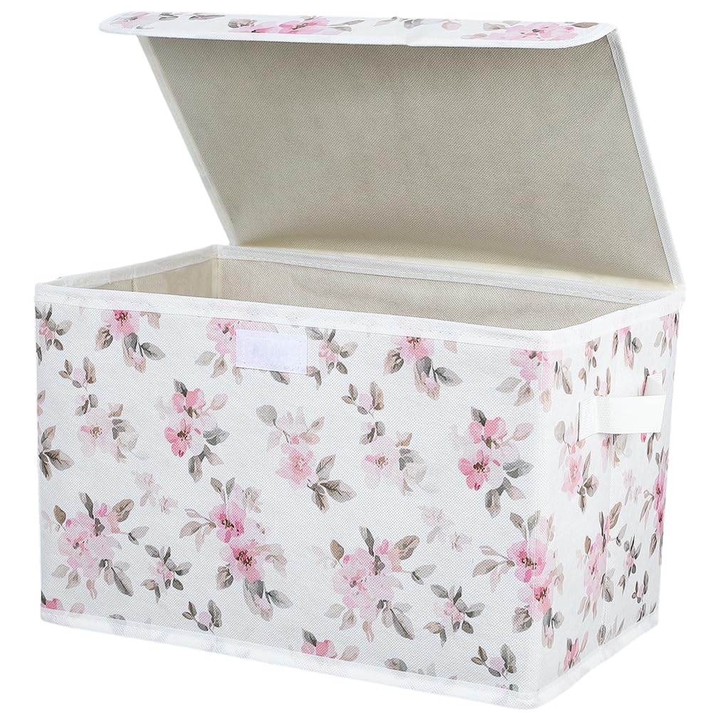 PRESSINART Floral Storage Bins Pink Floral Storage Box with Lid Decorative Collapsible Organizer Boxes with Carrying Handle Flowers Rectangle Fabric Folding Containers for Home Bedroom Closet Shelves