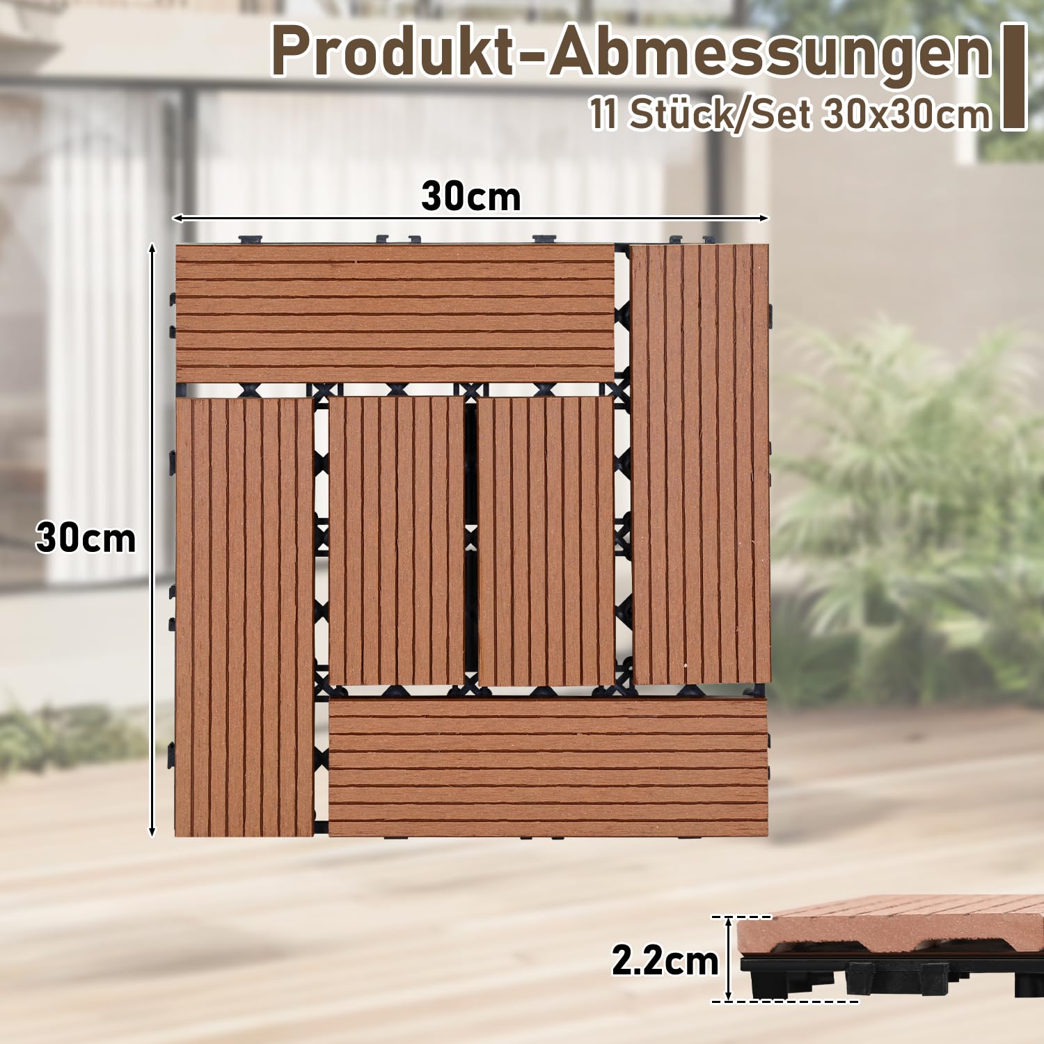 110er Set WPC Terrassenfliesen, 30x30cm Balkonfliesen Klickfliesen, WPC Fliesen für 10m², Bodenbelag mit Drainage und Klicksystem, Terrassendielen Wasserfest, für Balkon Terrasse, Braun