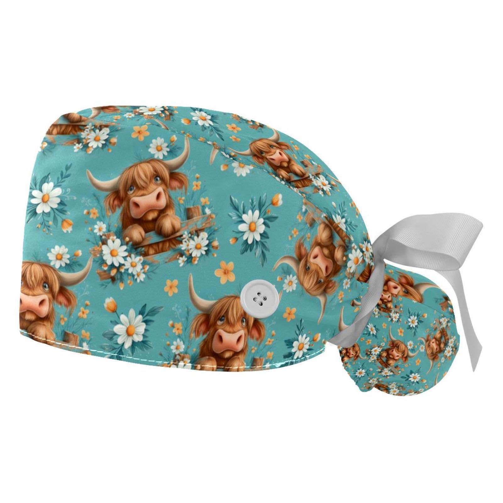 2 PCS Bouffant Cap with Button Ponytail Pouch Working Cap Sweatband Adjustable Surgical Cap Black and White Cow