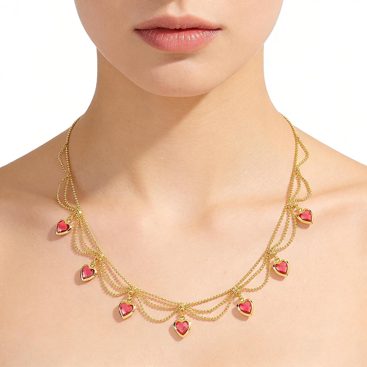 14K Gold Plated Copper Layered Pink Heart Necklace for Women, Dainty Cubic Zircon Rhinestone Pink Hearts Pendant Necklace Trendy Fashion Jewelry for Daily Wear Party Gifts - Image 5