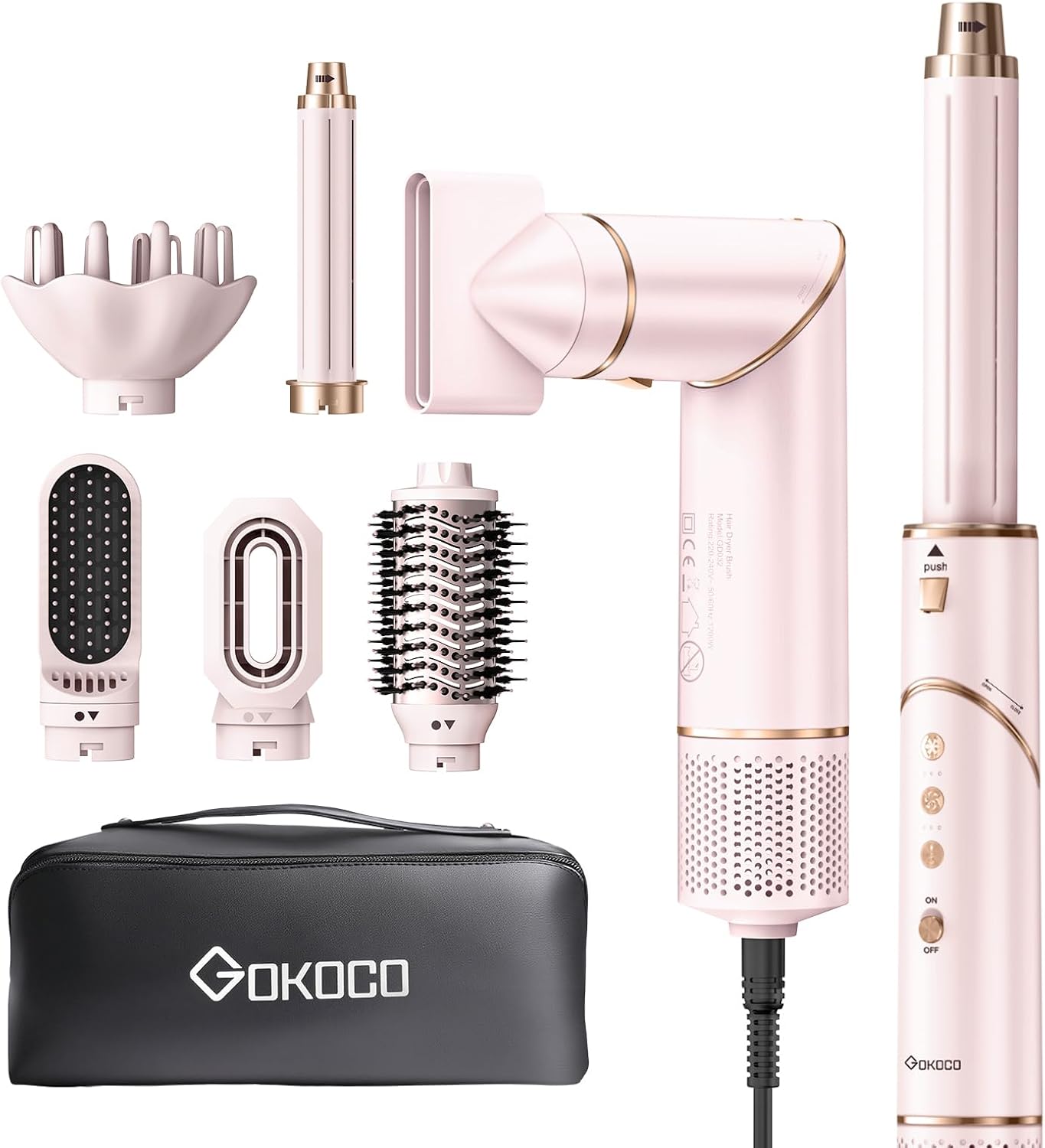 GOKOCO Secador de Cabelo 127v/110v 7 em 1 – Incluso 2x Bocal, Difusor, Escova Secadora, 2x Modelador de Cachos, Alisador para Alta Velocidade Para Secar, Alisar e Enrolar, GD032 Rosa