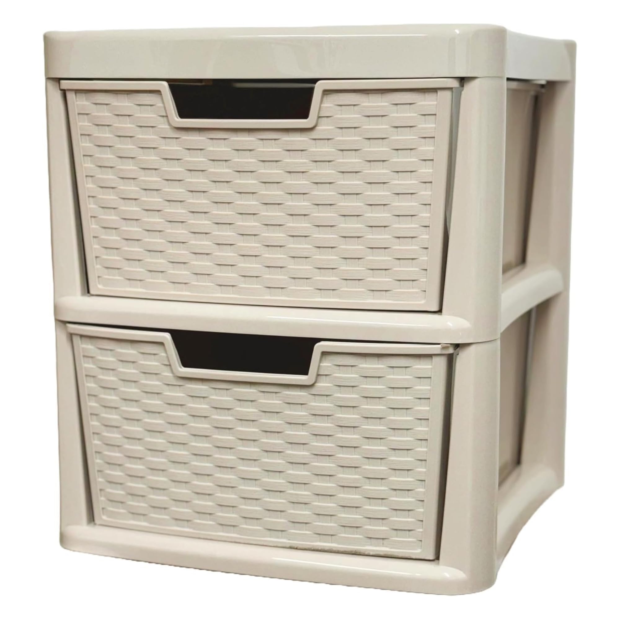 KYY'Z - Large Plastic Rattan Storage Drawers Unit with Deep Pull-Out Baskets - Durable Multipurpose Cabinet Organizer for Home Office, Bedroom, Bathroom, Garage, Utility Room (Rattan/Mushroom, 2 Tier)