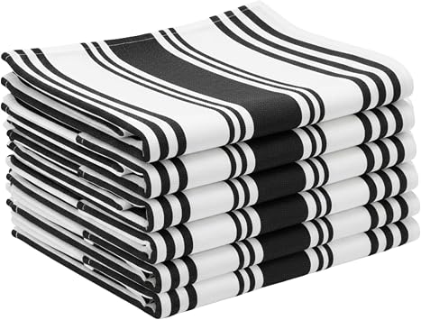 WHITEWRAP Kitchen Towels Set of 6 Black White Striped,100% Cotton Dish Cloths 18x28 Inch Oversized, Highly Absorbent with Mitered Corners & Long Durable,Hanging Loop, Hand & Tea Towels, Dish Towels