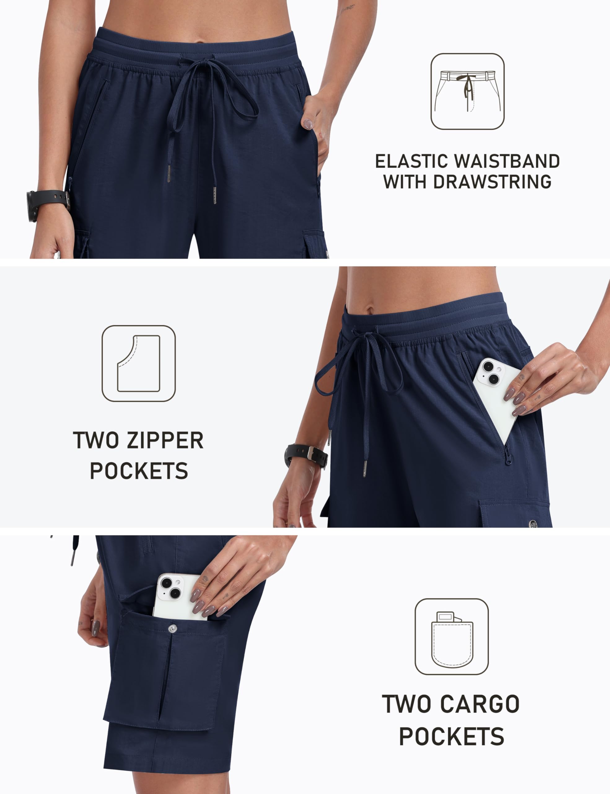 MoFiz Short Cargo Femme Shorts Bermuda Été élastique Taille Léger Short de Randonnée Sport Jogging Décontracté Extérieur avec 6 Poches
