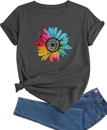 Plus Size Sunflower Graphic Tees for Women Cute Dandelion Short Sleeve T-Shirt Crewneck Ladies Tee Tops