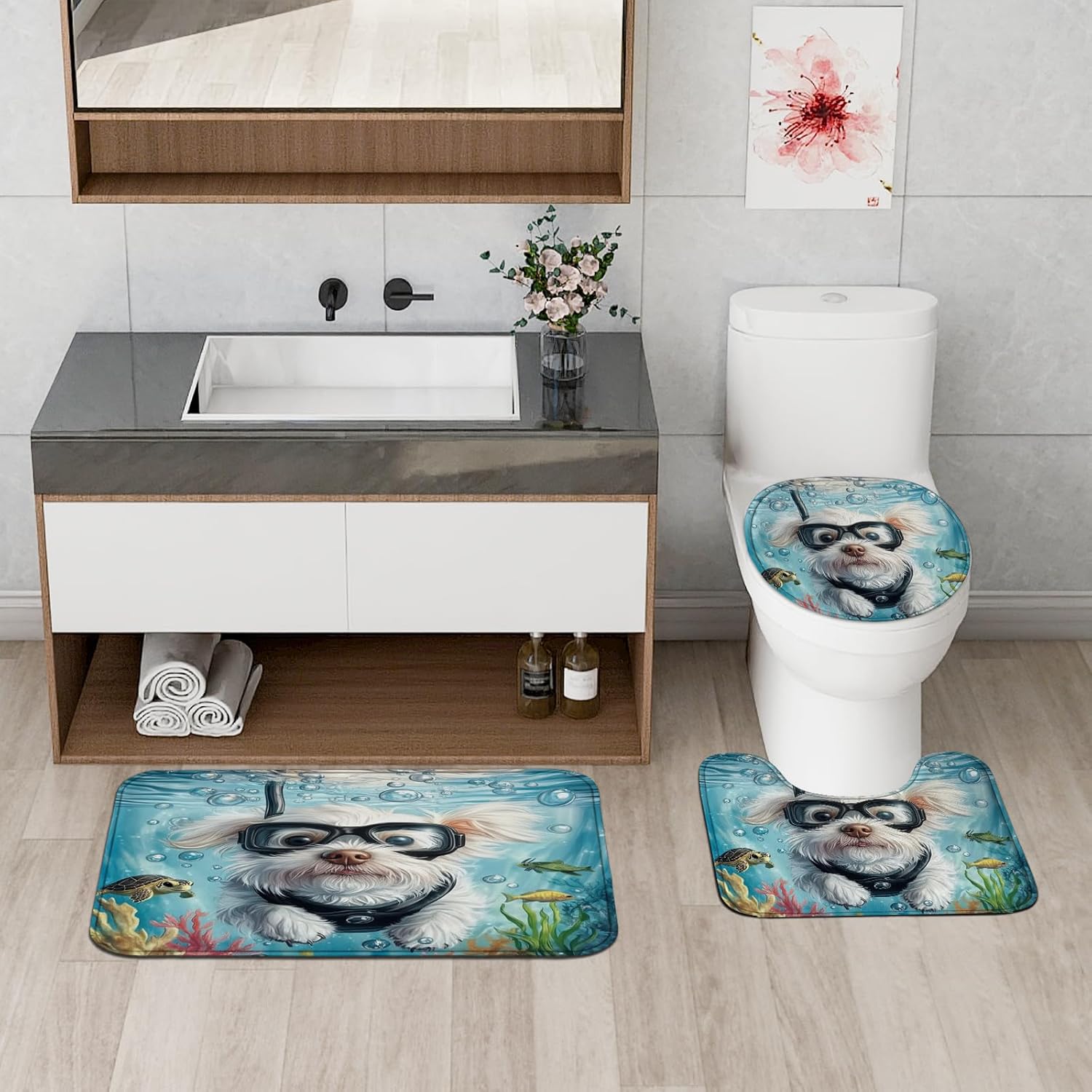 4PCS Spring Westie Dog Bathroom Accessory Sets with Non-Slip Rug, U Shape and Toilet Lid Cover Mat, Funny Puppy Animal Kids Ocean Cartoon Bathroom Decorative-72''x72''