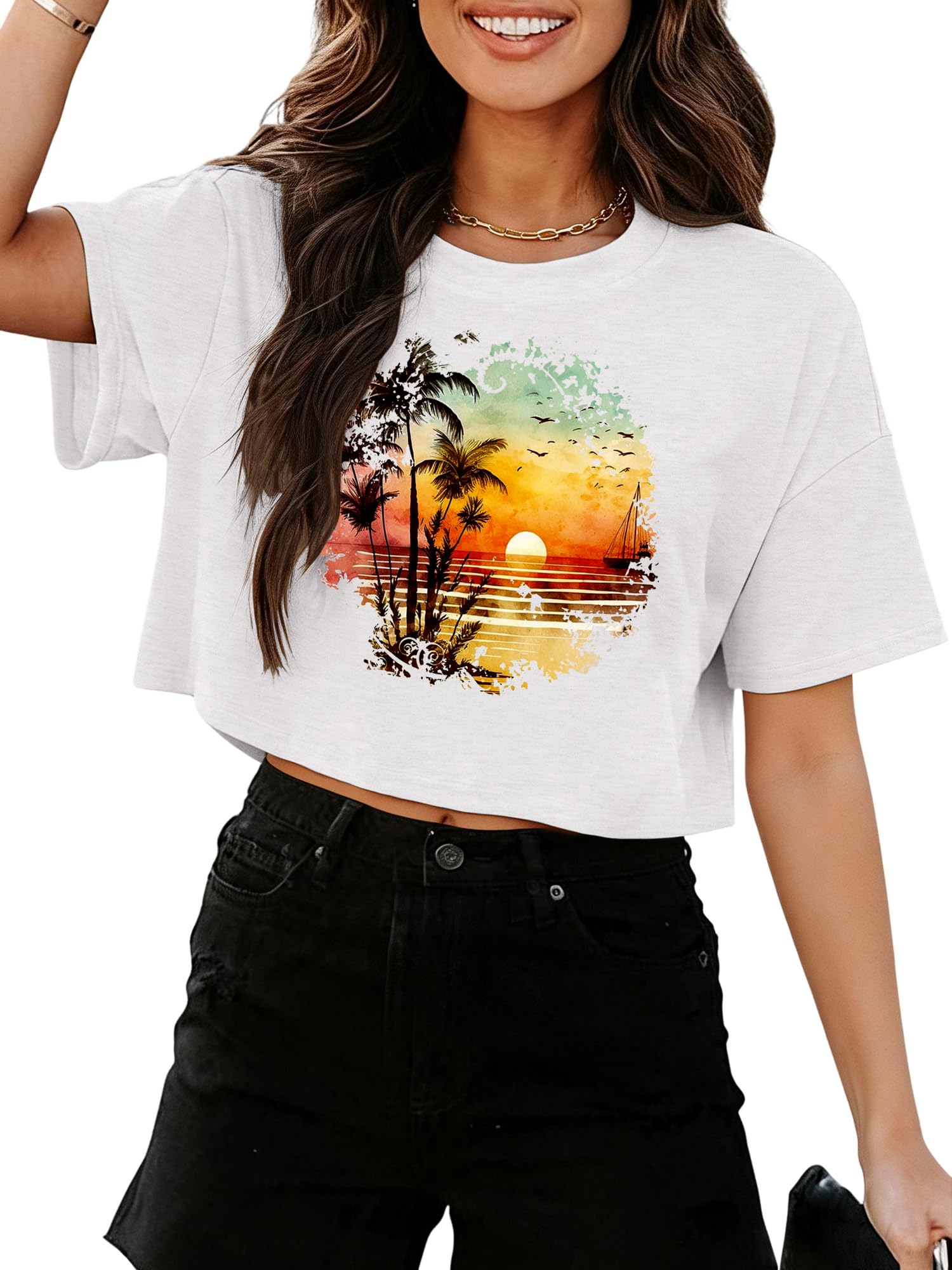Womens Short Sleeve Crops Tops Summer Graphic Tees Crew Neck Cropped T Shirts Casual Loose Fit Blouse