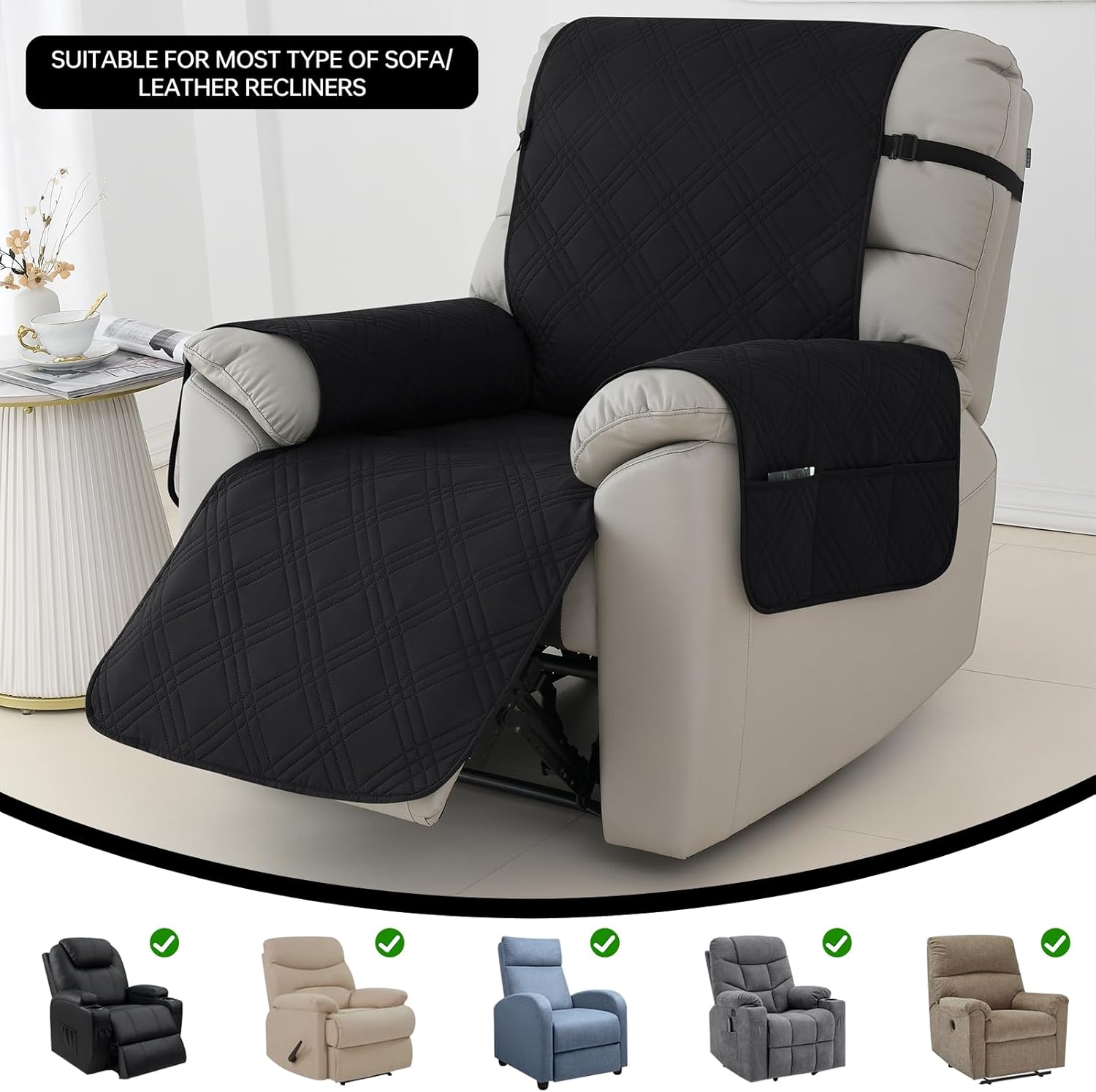 Deisy Dee Waterproof Recliner Chair Covers with Storage Pocket - Extend Sofa Life, Comfortable & Washable, Available in 10 Colors (Black, 24.8 ")