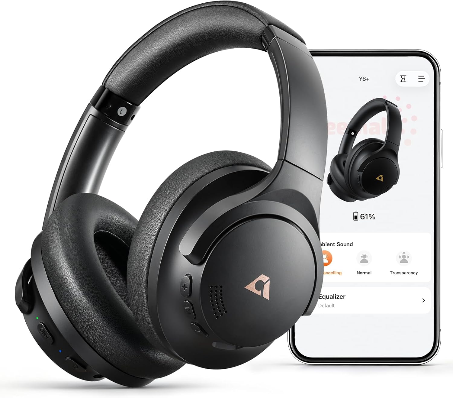 1Mii Y8+ Noise Cancelling Headphones Bluetooth, Wireless LDAC Hi-Res Audio, Custom EQ via App, 75H Playtime, Comfort Fit, Over Ear Headphones Foldable for Airplane Travel Home Office Black