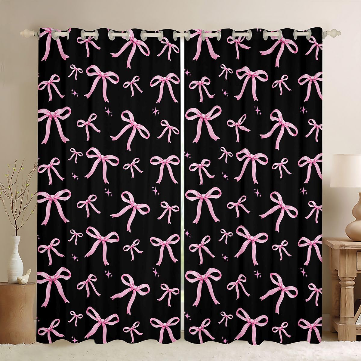 Homwish - Tende per finestre con fiocco rosa e nero, 168 x 228 cm, 2 pannelli, per graziose tende oscuranti con fiocco da ragazza, tende oscuranti per finestre a tema coquette sognante con stelle dei