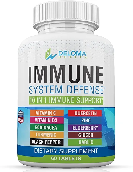 Deloma Health 10 in 1 Immune System Support Supplement - Vitamin C (1000 mg), Quercetin, Vitamin D3 (5000iu), Zinc (40 mg), Elderberry, Echinacea, Turmeric, Ginger, Garlic, Black Pepper