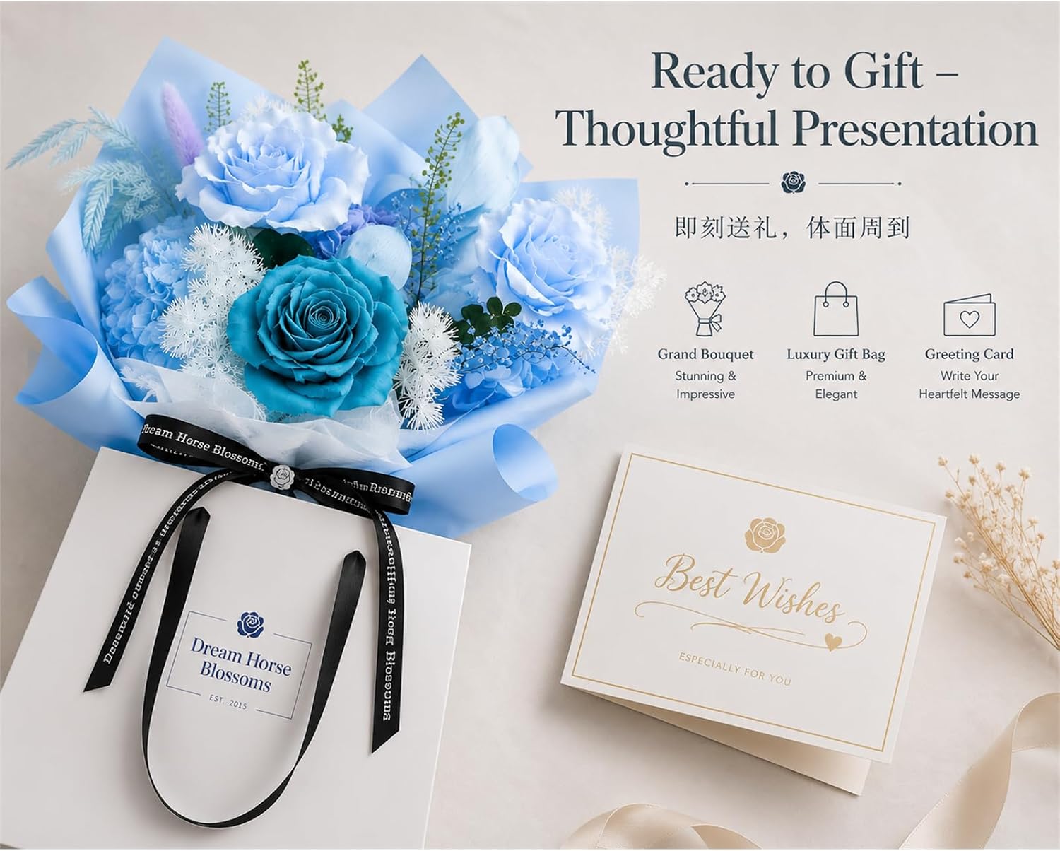 Preserved Flowers Bouquet, 100% Real Eternal Rose Floral Arrangement with Gift Box. Long Lasting Everlasting Flowers for Home Decor, Birthday for Women, Girlfriend, Blue