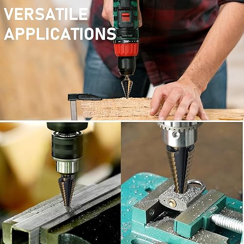 Miniatura 5 de Kodilin Juego de brocas escalonadas, 5 brocas de titanio HSS (con punzón central automático), que cubren 50 tamaños de brocas de acero de alta