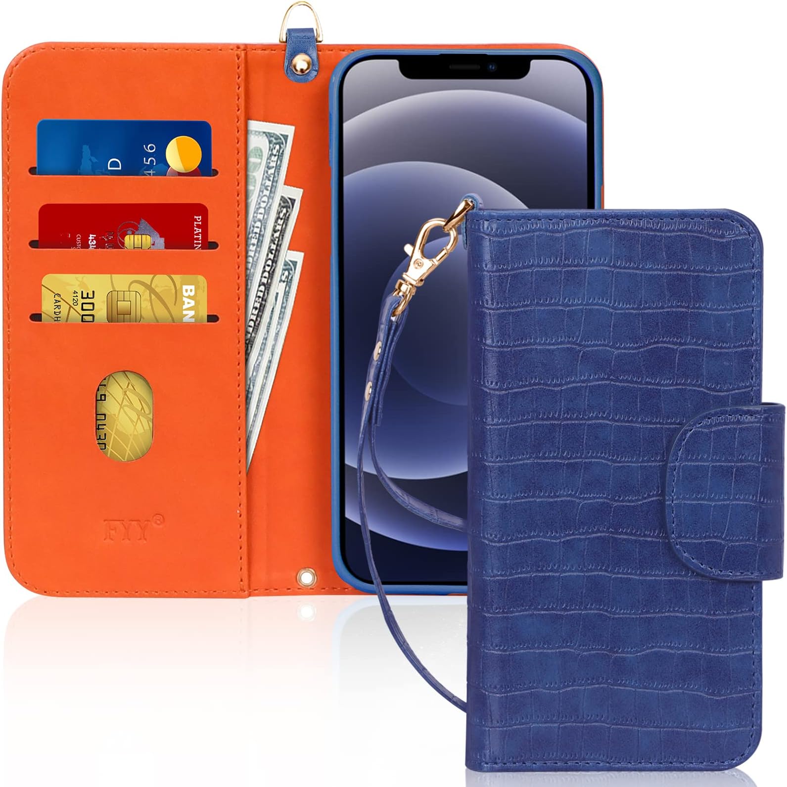 FYY Case Compatible for iPhone 12/12 Pro 5G 6.1", [Kickstand Feature] Luxury PU Leather Wallet Case Flip Folio Cover with [Card Slots] and [Note Pockets] for iPhone 12/12 Pro 5G 6.1" Crocodile Navy