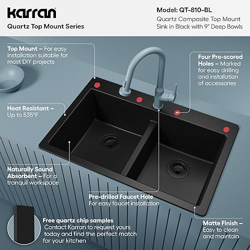 Miniatura 3 de QT-810 - Fregadero de cocina de doble cuenco compuesto de cuarzo negro de 33 pulgadas, divisor bajo 5050, 80% cuarzo natural, resistente al calor de
