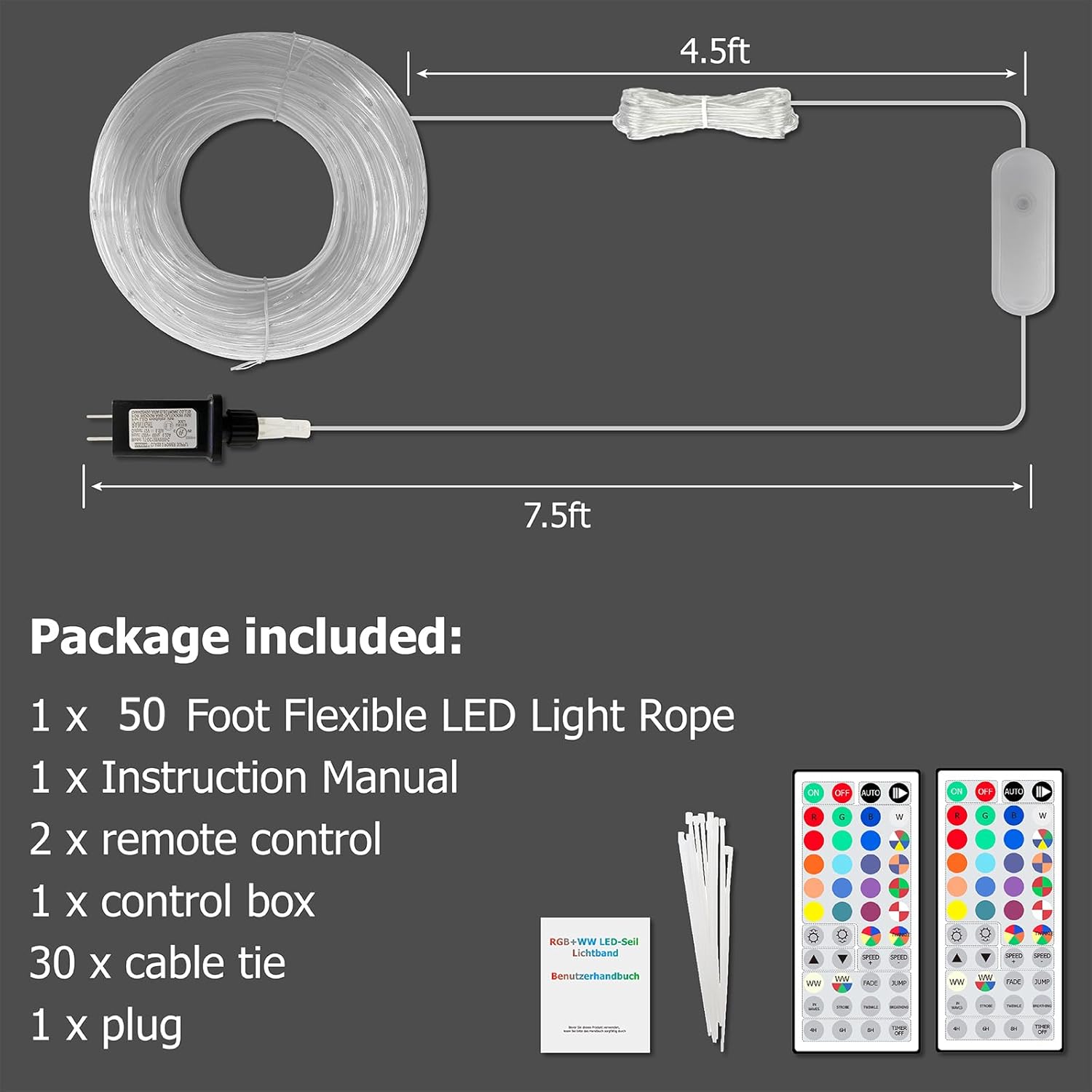 50ft IP68 Waterproof Rope Lights for Outside, RGB+WW Dimmable Outdoor Fairy String Lights with 2 Rmote, 25 Colors & 6 Dynamic Modes, Plug-in Twinkle LED Light Strip for Christmas Indoor Outdoor Decor