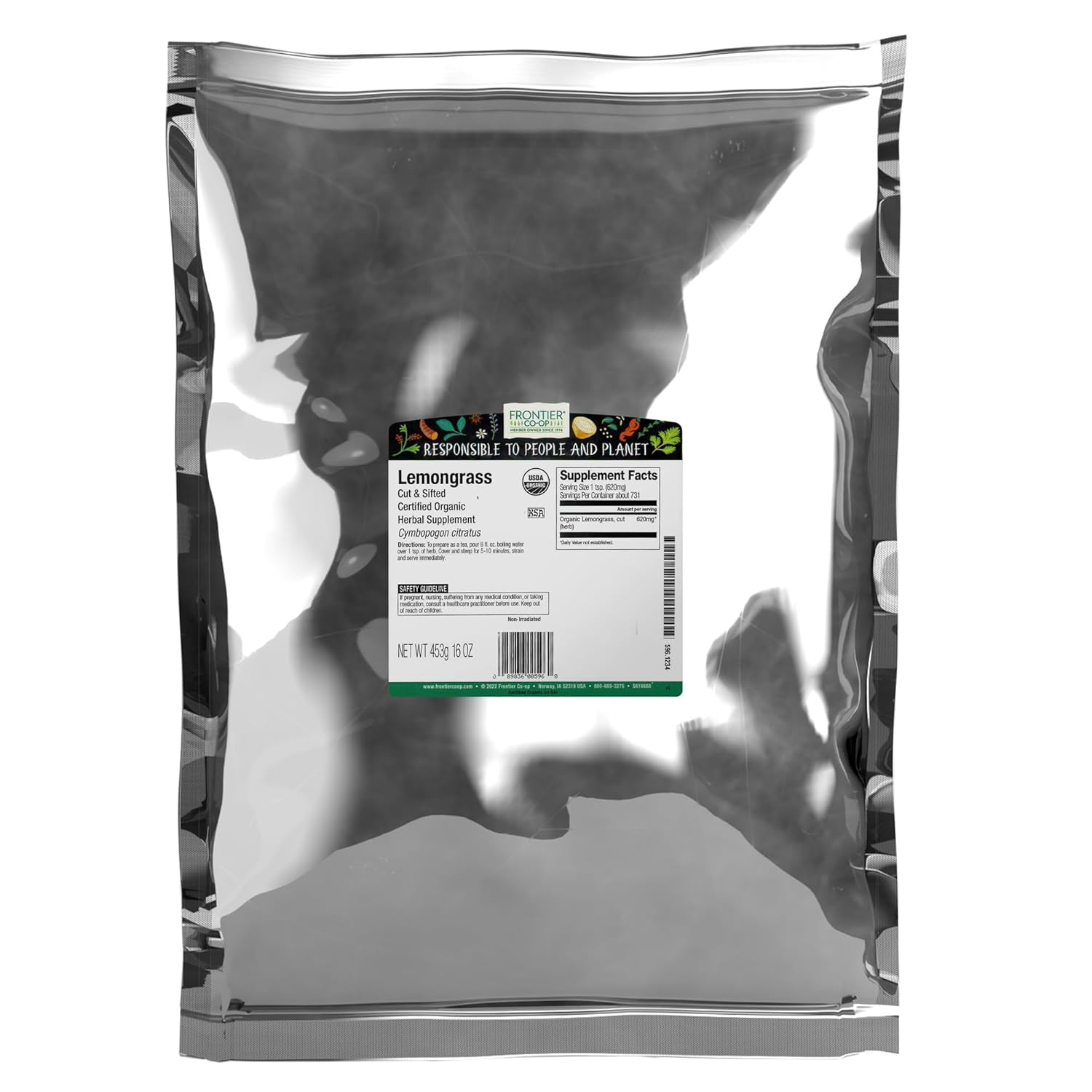 Frontier Co-op Organic Dried Lemongrass, Cut and Sifted, Bulk Bag - 100% Pure, Natural Lemon Grass for Tea, Seasoning | 16 Ounce (Pack of 1)