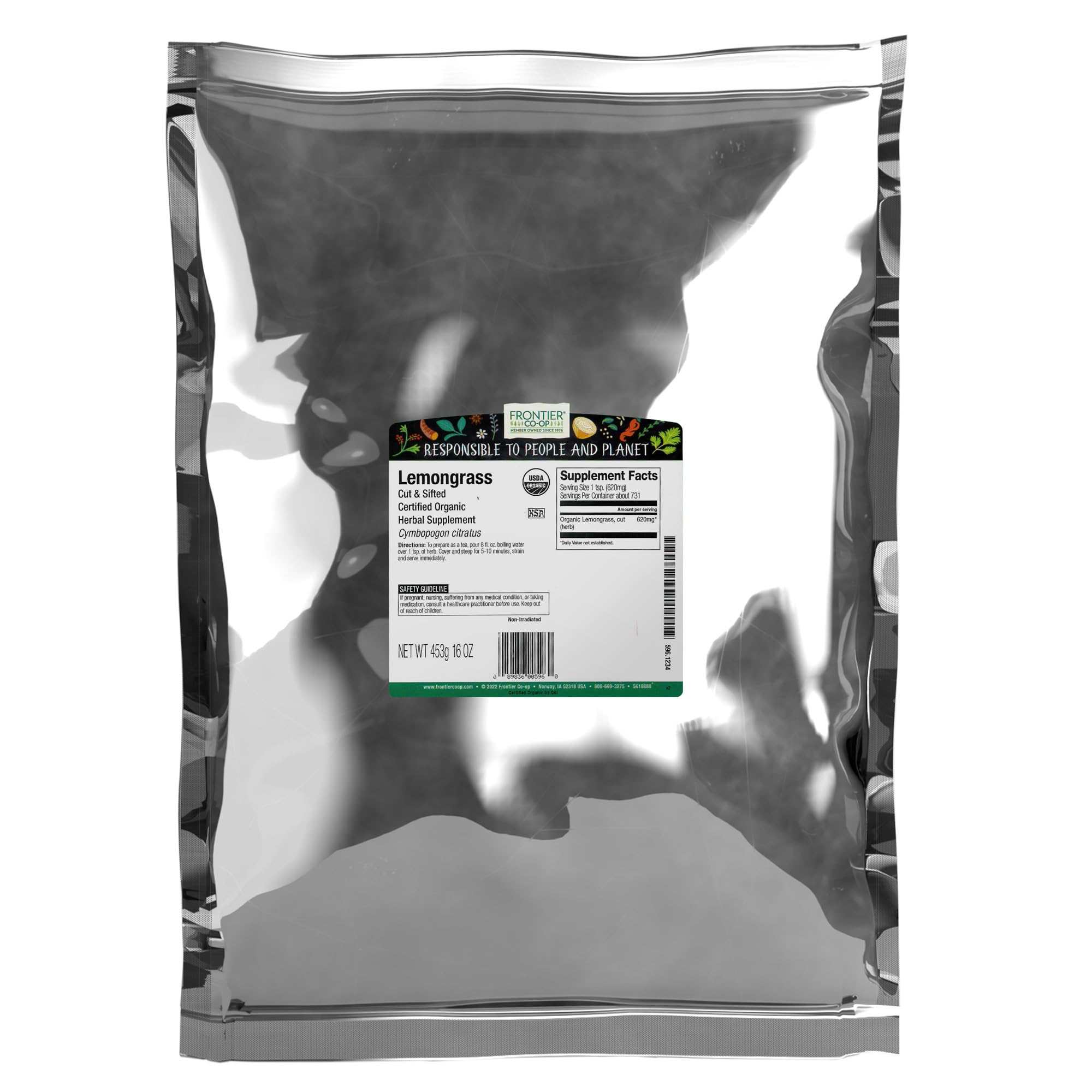 Frontier Co-op Organic Dried Lemongrass, Cut and Sifted, Bulk Bag - 100% Pure, Natural Lemon Grass for Tea, Seasoning | 16 Ounce (Pack of 1)
