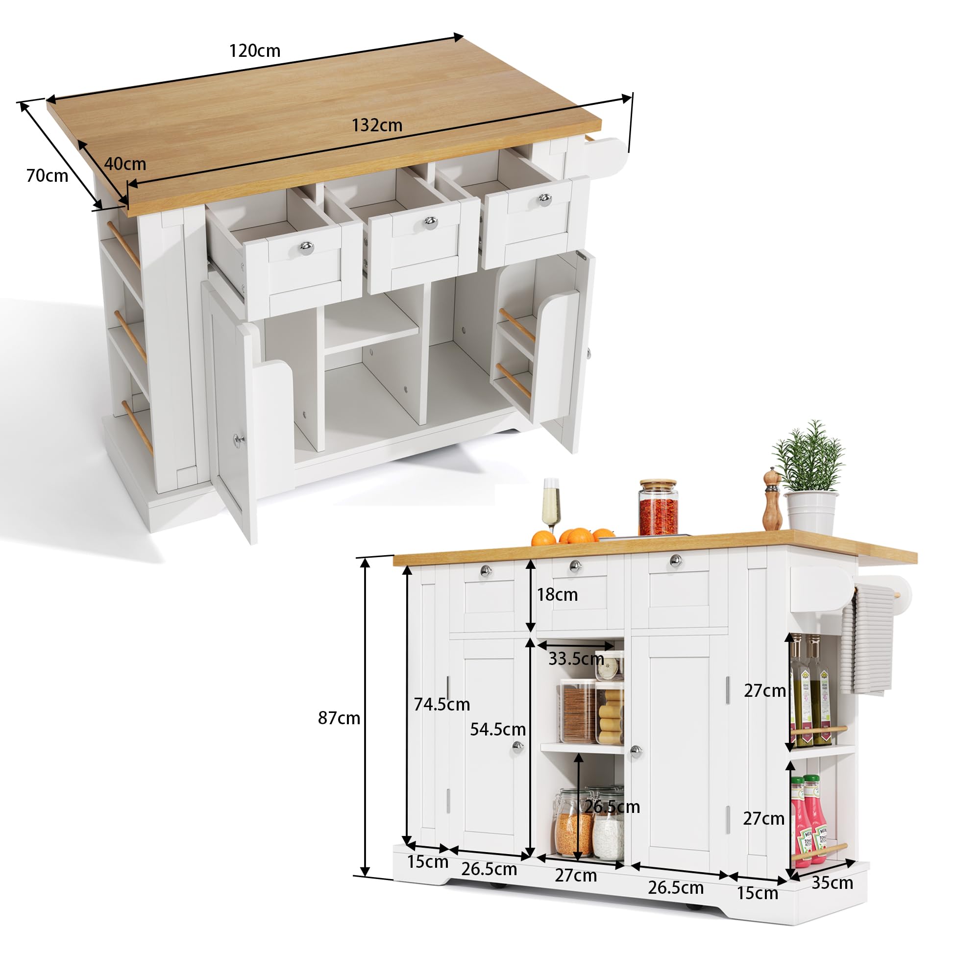 Kitchen Island - Carrello con rotelle da 132 cm, con piano di lavoro a ribalta, tavolo da pranzo in stile country, cassetti, portaspezie e porta asciugamani, finitura naturale/bianca