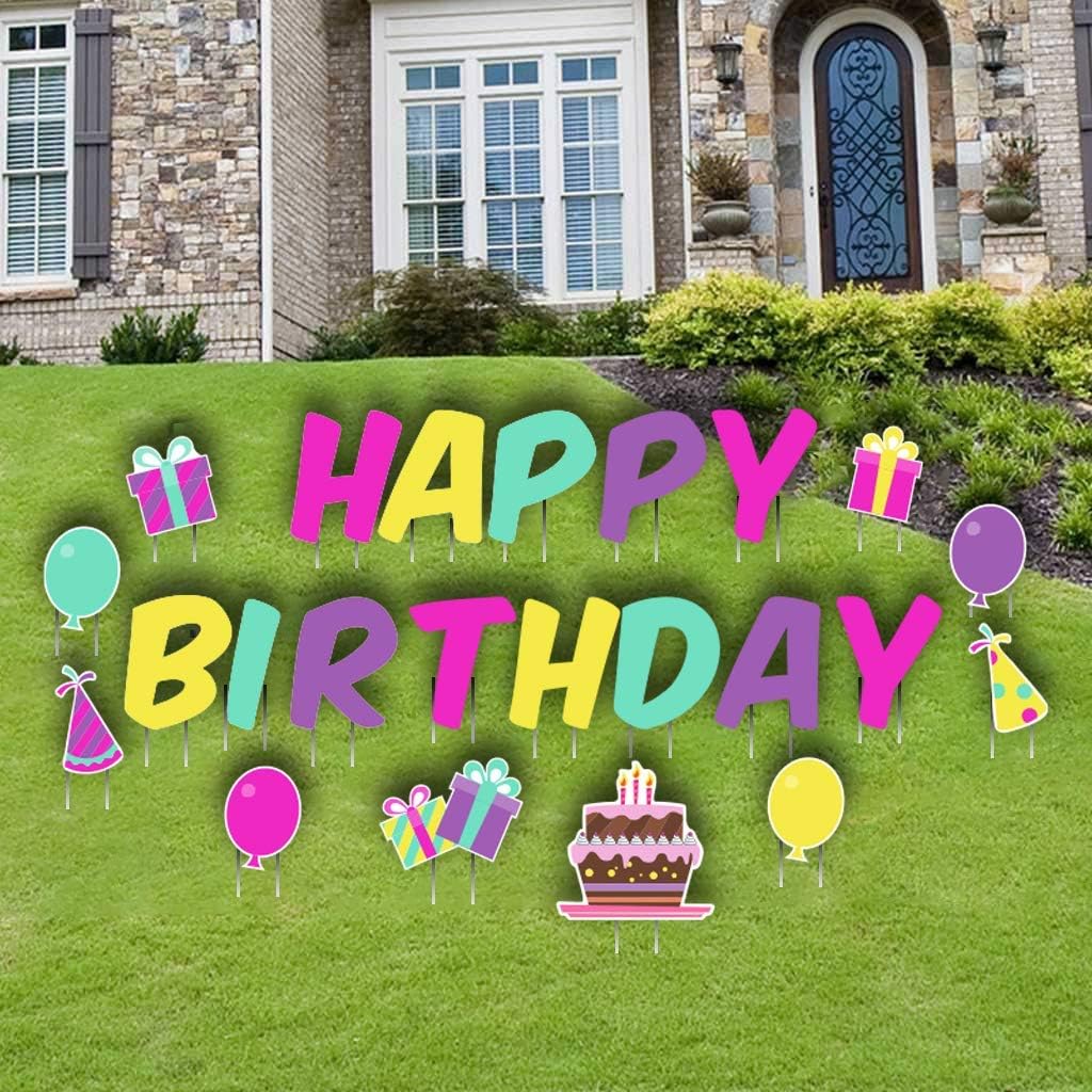 Happy Birthday Letters Yard Card PINK 23pc Set, Komika 16 Inch Letters, Add Custom Name in Black or Silver Sparkle Includes Stakes 13212