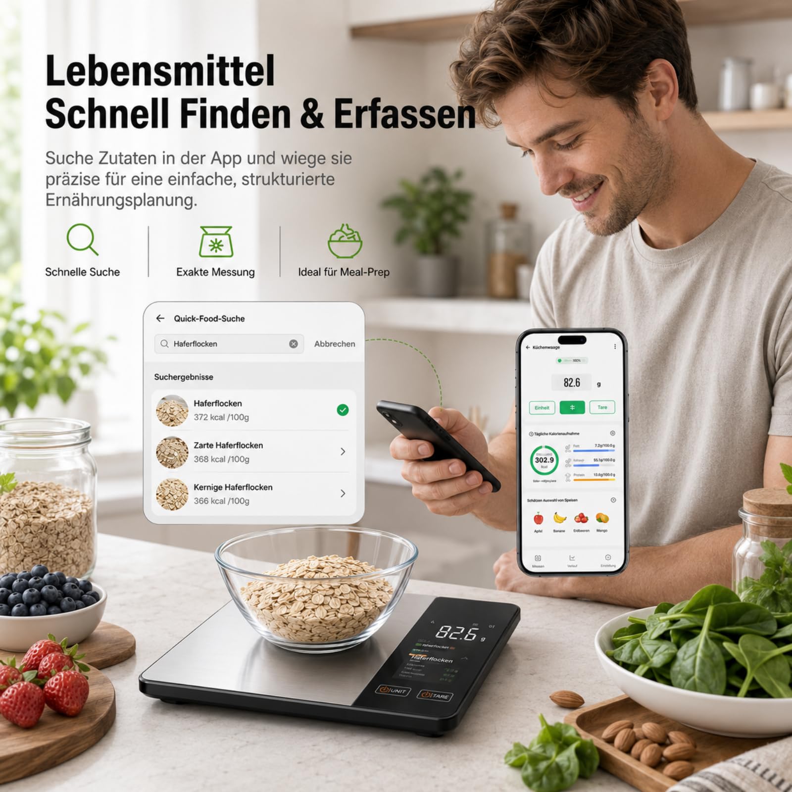 Smartvita Küchenwaage Kalorienwaage, Kompakte Küchenwaage mit Kalorienzähler Bluetooth App Für Küche Haushalt Diät