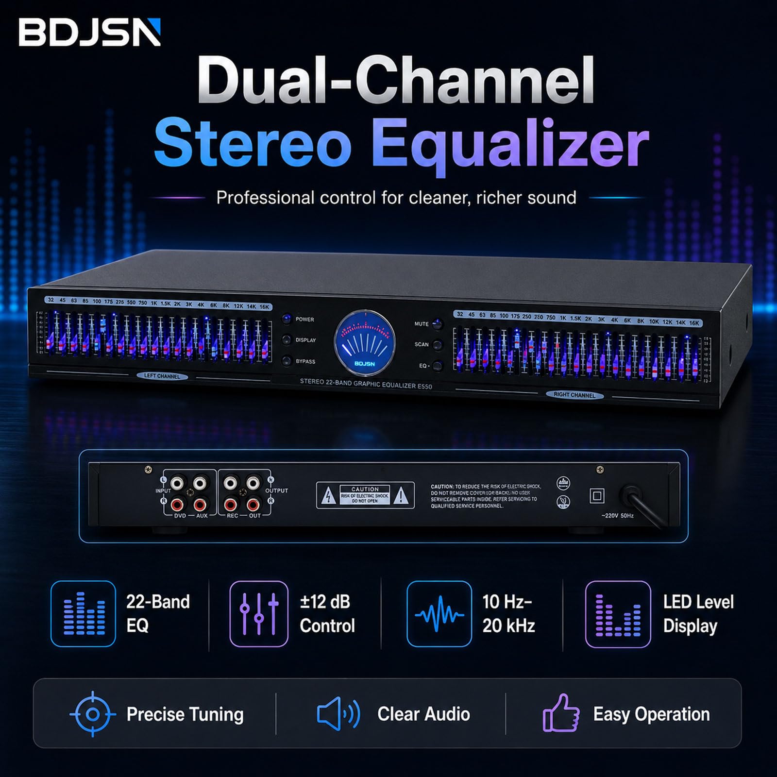 Zweikanaliger 22-Band-Stereo-Grafik-Equalizer, ±12 Db Audio-eq Mit Led-pegelanzeige, 10 Voreingestellte Modi, Rauschunterdrückung, Bass-, Mitten- Und Höhenregler Für Heimkino, Karaoke