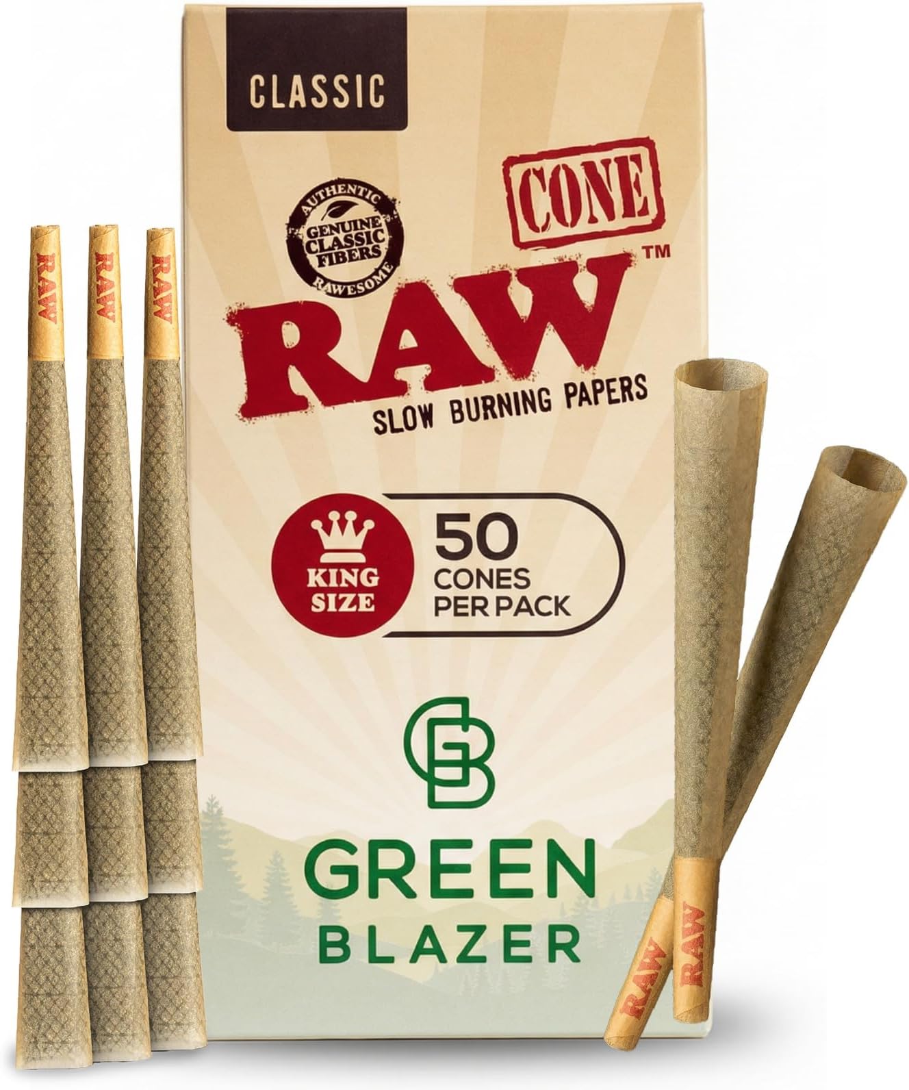 RAW Cones Classic King: 50 Pack Patented Slow Burning Cones Rolling Papers with Tips, All Natural RAW Paper, 109mm, Green Blazer Preroll Loader