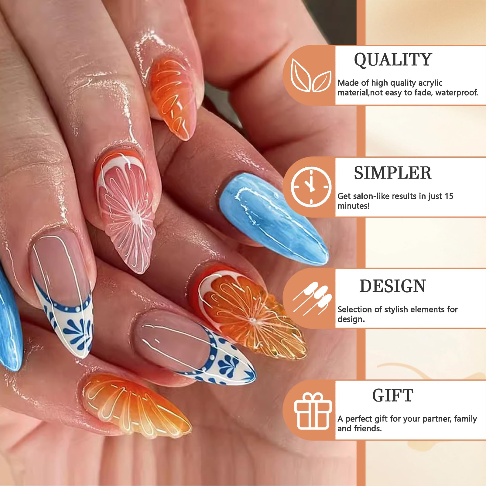 GlamRays 24 sztuki 3D owocowe naklejane paznokcie krótkie migdałowe letnie sztuczne paznokcie Stick On Nails French Nail Art Tips