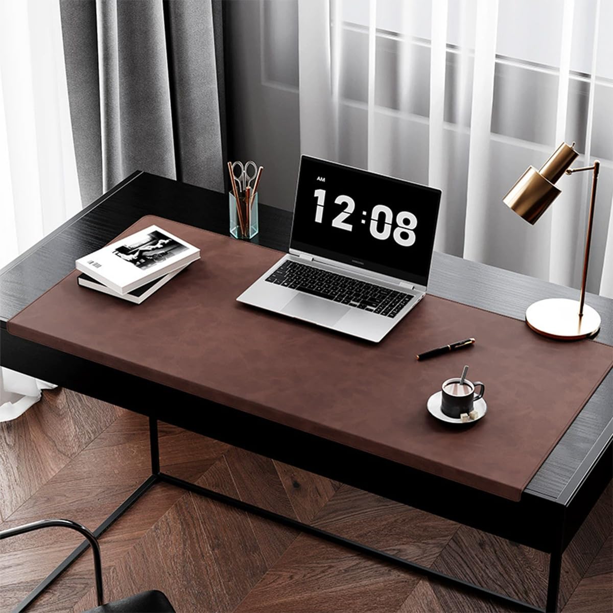Leather Edge-Locked Desk Pad with Edge Protector, Office Extended Keyboard Mouse Mat for Work Typing, Waterproof Smooth Study Desk Writing Mat Table Blotter (Reddish Brown,90x43cm)