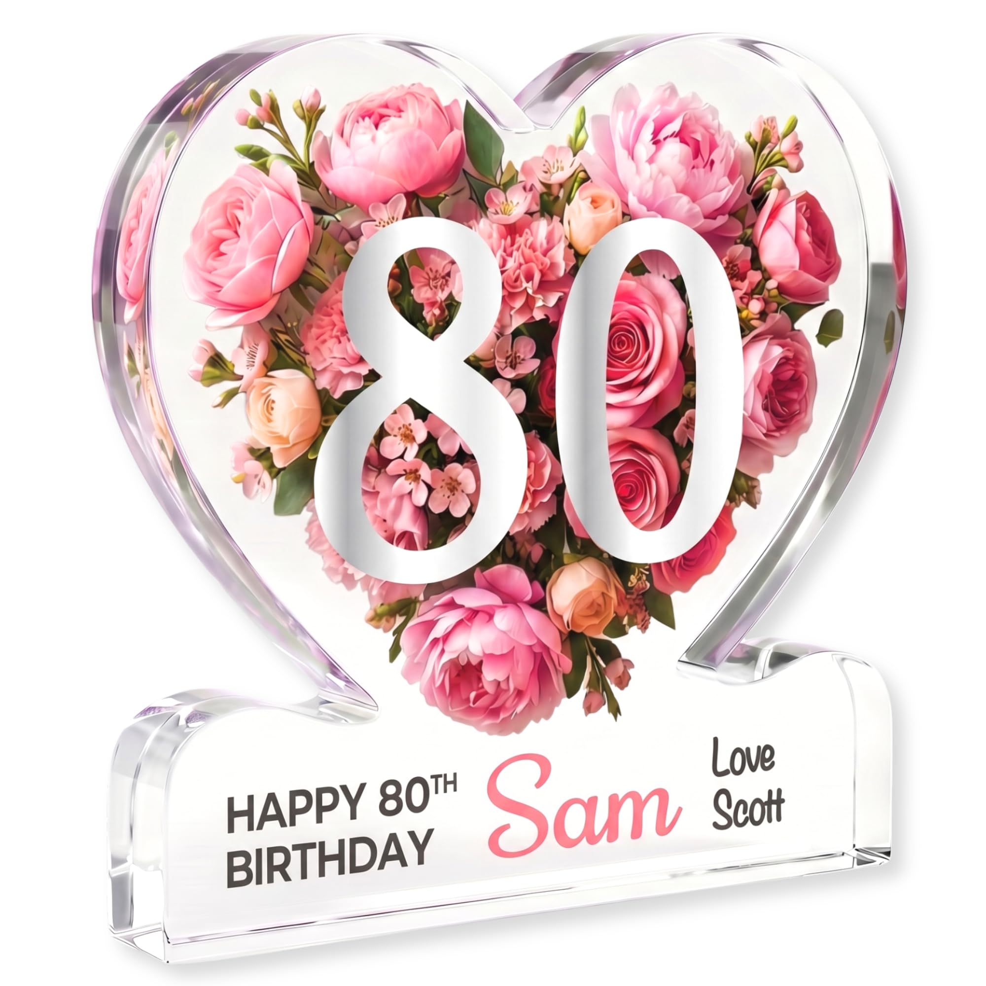 MyKeepsy Personalised 80th Birthday Plaque – Custom Name & Message Heart Acrylic Keepsake, Floral 80 Decoration Gift, 5 Colours (Soft Pink)