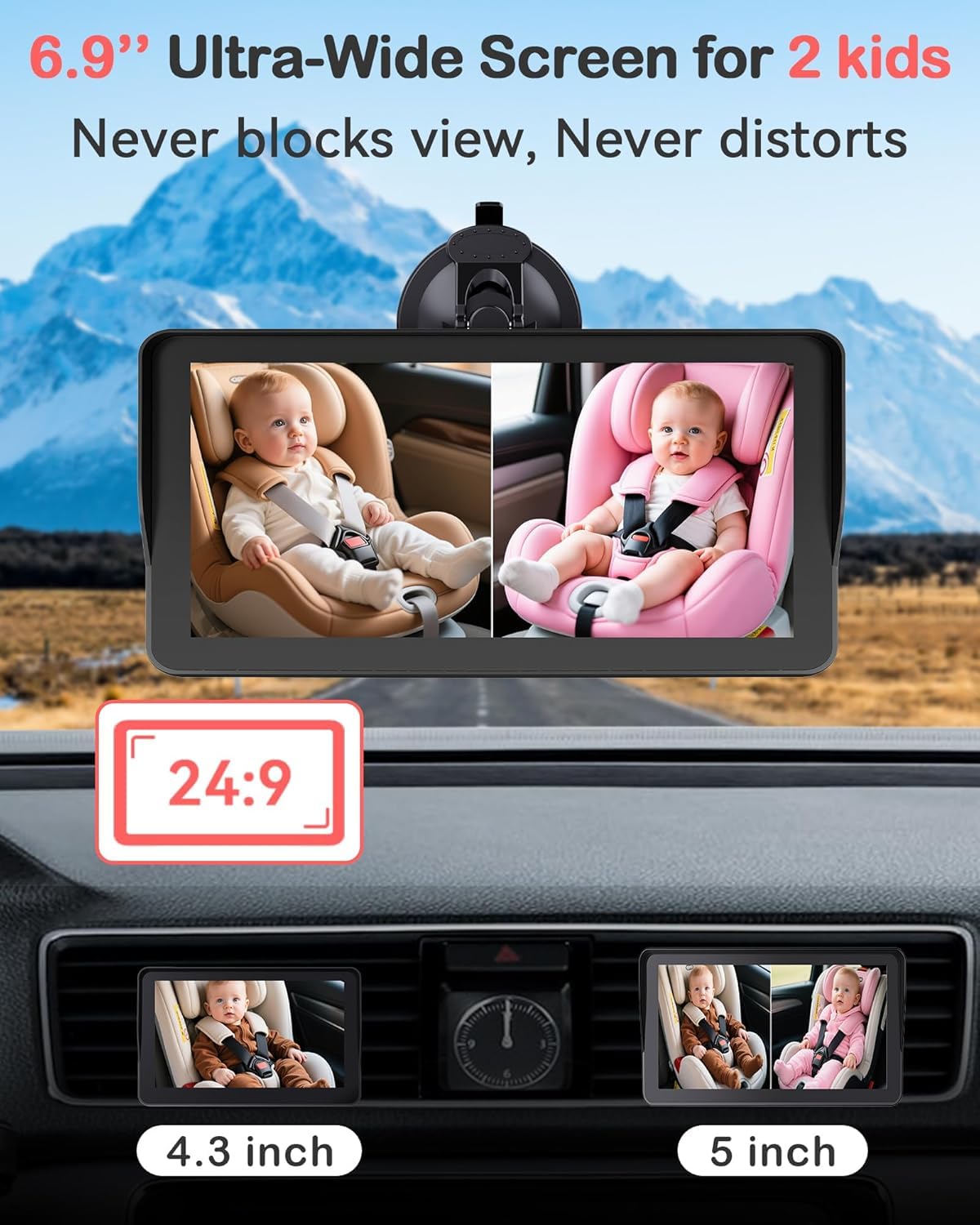 Wkzay Cámara dual HD 1080P para coche de bebé para 2 niños: pantalla dividida de 6.9 pulgadas con 2 cámaras de visión nocturna para asiento de coche - USB de 5 minutos fácil de instalar 360° ajustable