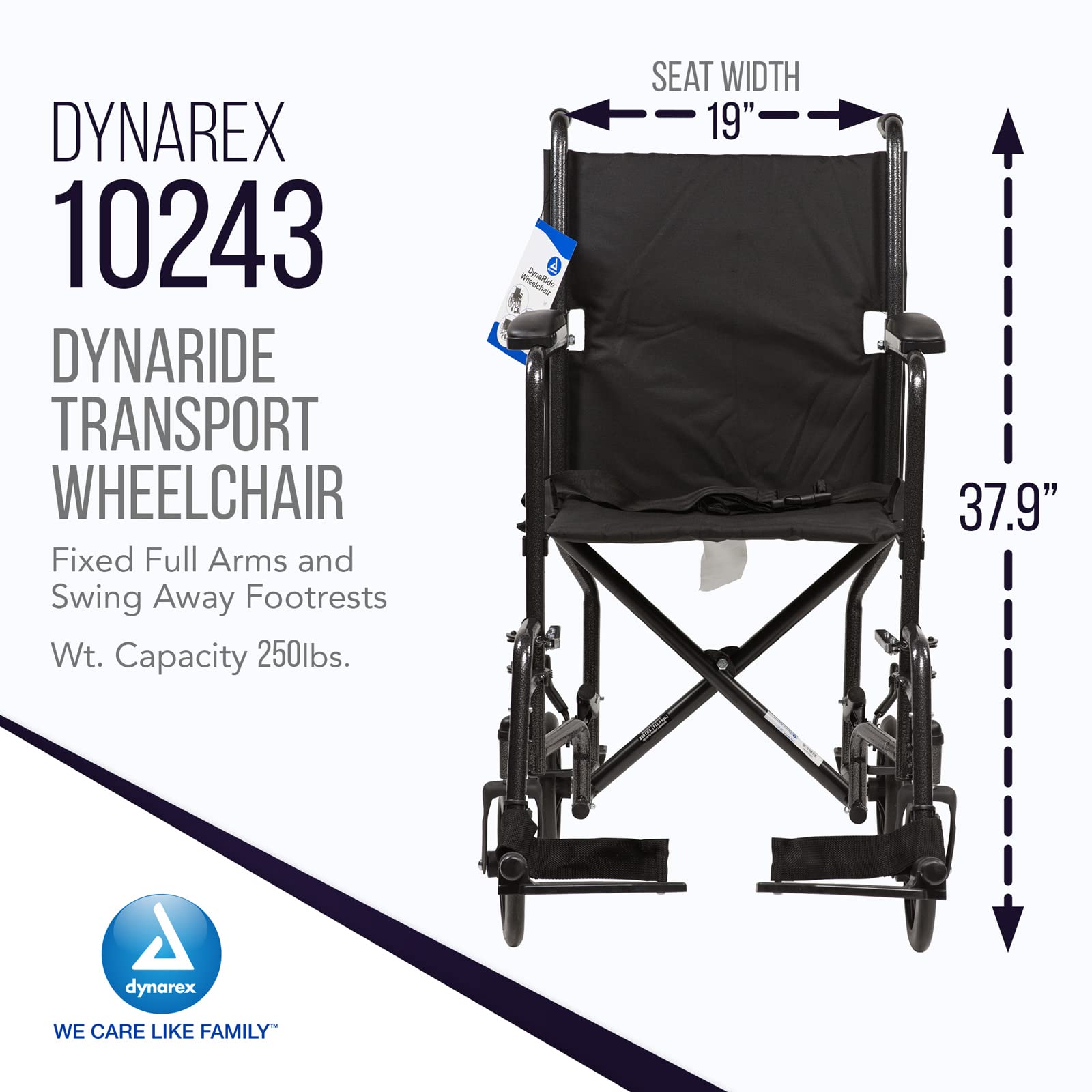 Dynarex DynaRide Transport Wheelchair with Fixed Full Arms & Swing Away Footrests, 19