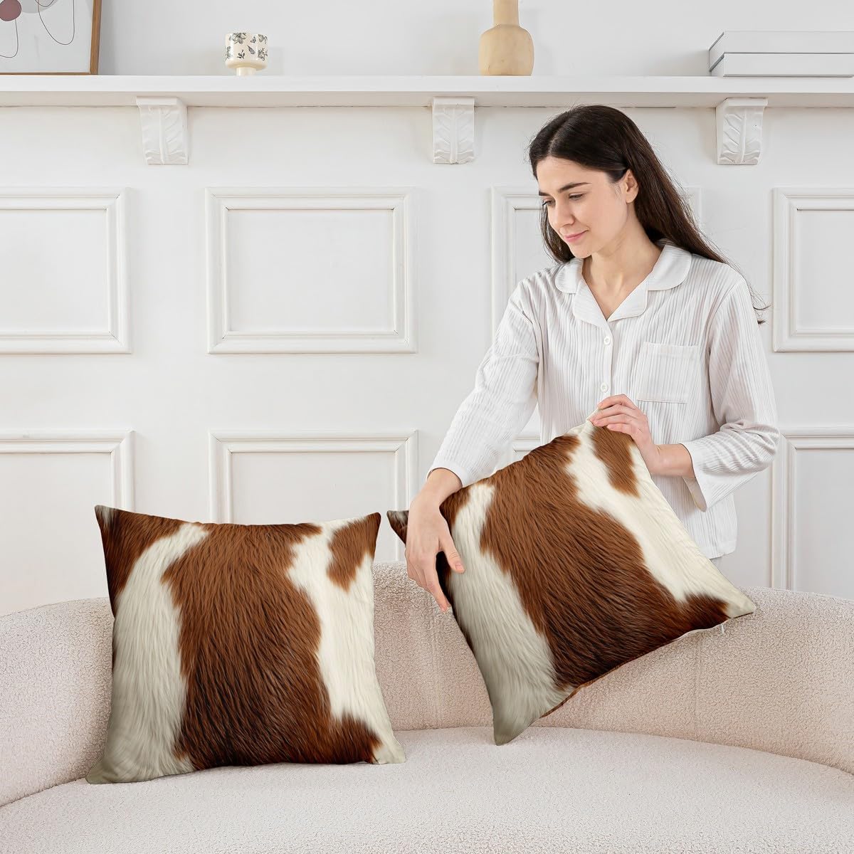 Feelyou Set of 2 Cowhide Throw Pillow Covers, Cow Fur Western Rustic Wildlife Animal Skin Cushion Case for Home Living Room Decor, Reversible White Brown Decorative Throw Cushion Case, 18x18 Inches