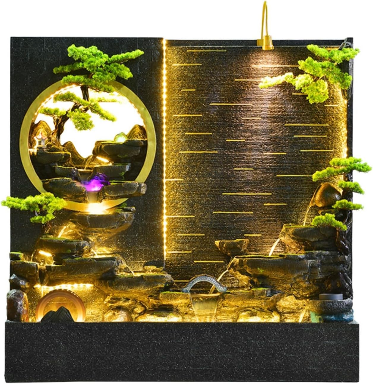 Home Decorative Fountain 6.72 Ft Tall Elegant Indoor Water Fountain With LED Lights, Mist Maker, And Simulated Bonsai Trees ,large Waterfall Feature Rockery ，For Hotel Entrance Decoration(2650)