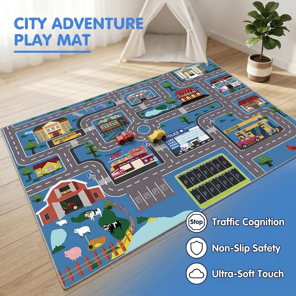 Tappeto da gioco per auto giocattolo, Tappeto Stradale per Bambini, per Bambini AntiscivoloTappetos Soggiorno e Camera da Letto -80×120cm
