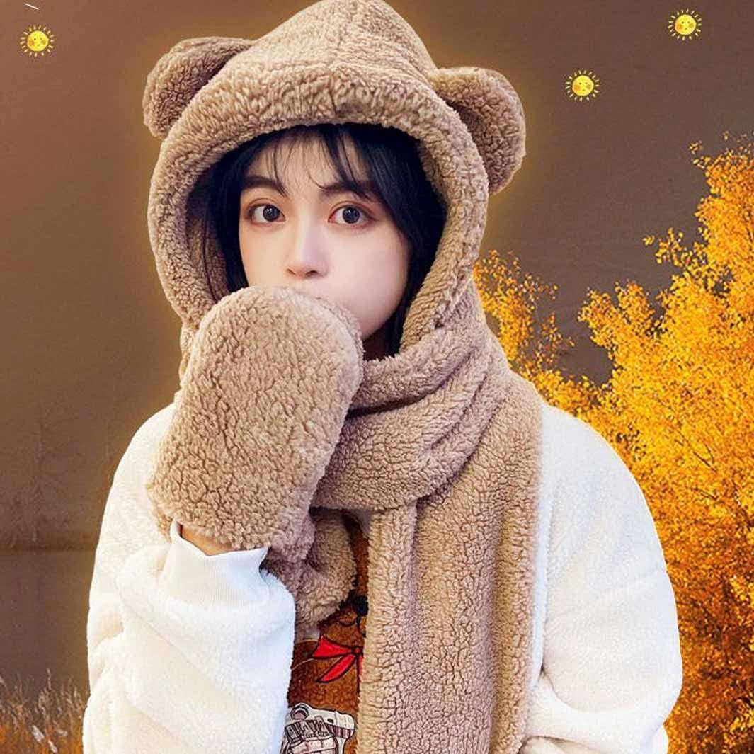 AIYUENCICI Winter Hoodie Hat Scarf Gloves Set, 3 in 1 Warm Plush Coral Fleece Animal Hats, Cute Ear Beanie Caps Stylish Thick Slouchy Soft Snow Hat for Women Girl Skiing Christmas Gift(Coffee) - Image 6