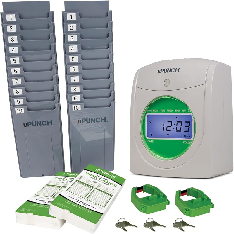 paquete de reloj de tiempo avanzado uPunch HN3500 para pequeñas empresas: sistema completo de seguimiento del tiempo de los empleados con 100 tarjetas de tiempo, 2 bastidores, 2 cintas y 6 teclas